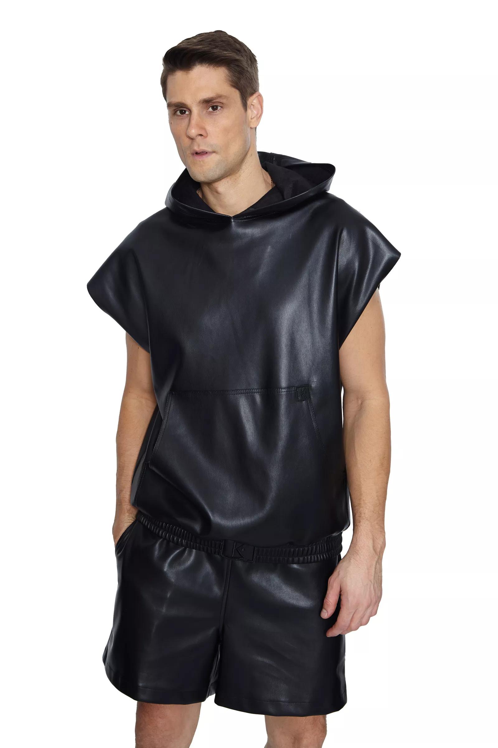 Black leather sleeveless sweatshirt