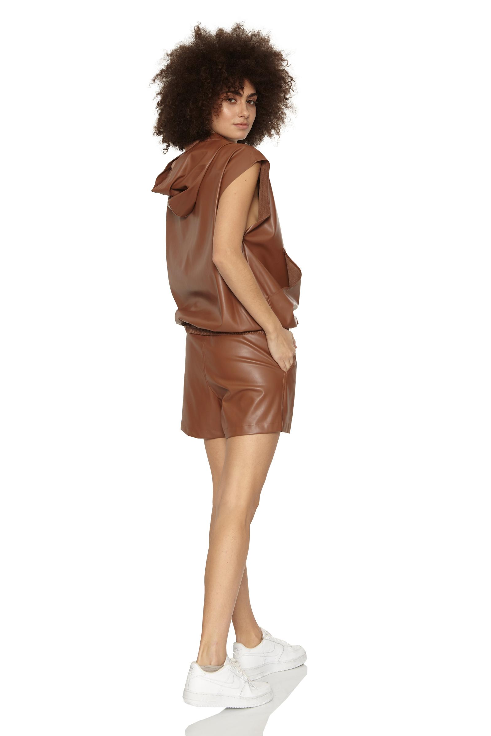 Brown Leather Sleeveless Sweatshirt