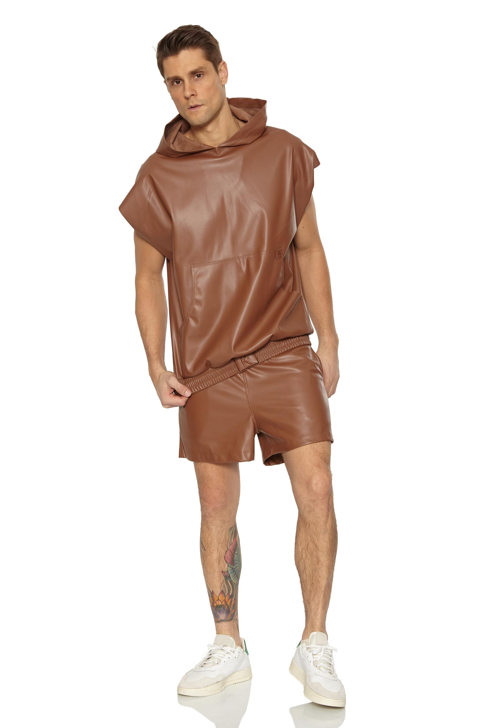 Brown Leather Sleeveless Sweatshirt