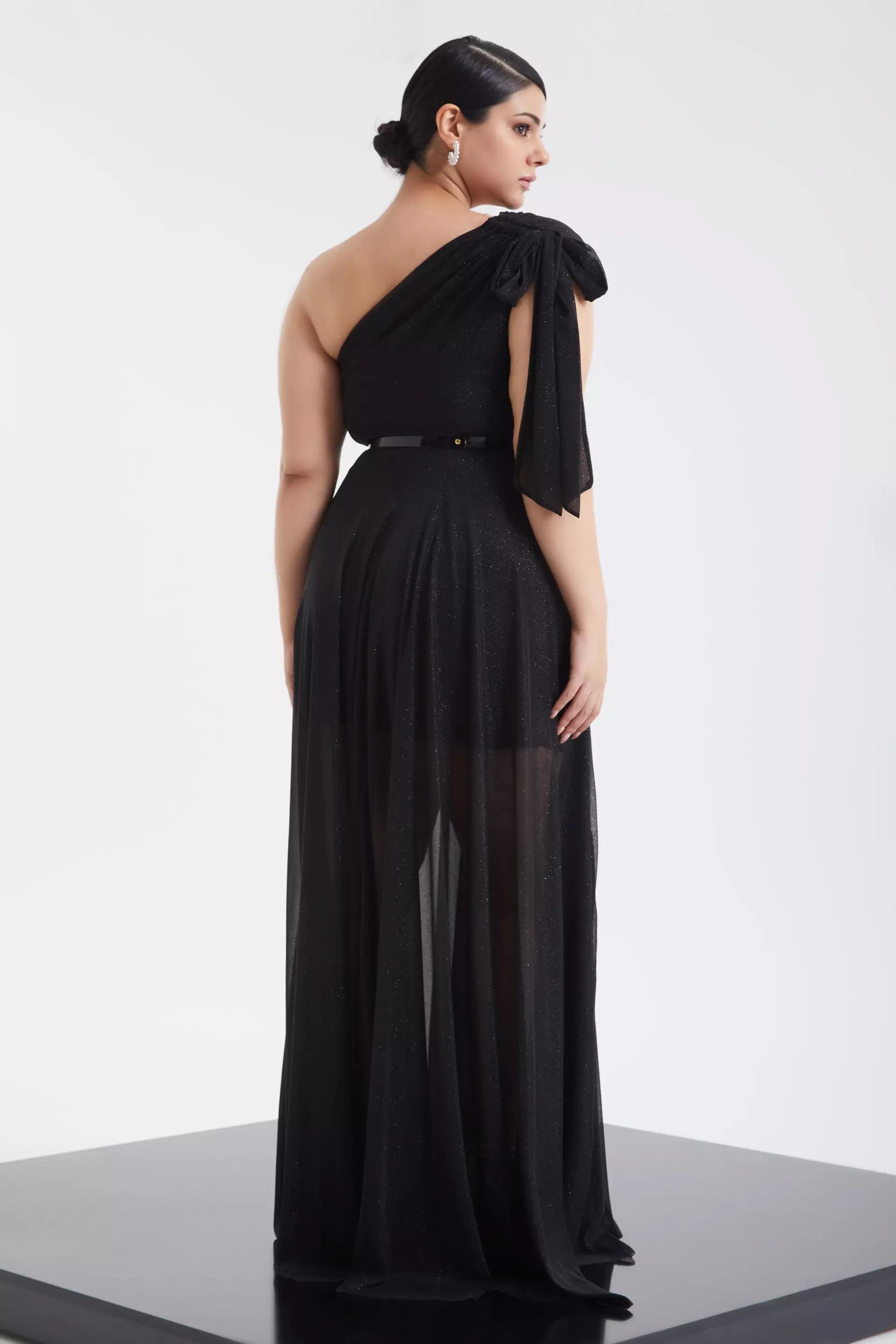 Black plus size tulle one arm maxi dress