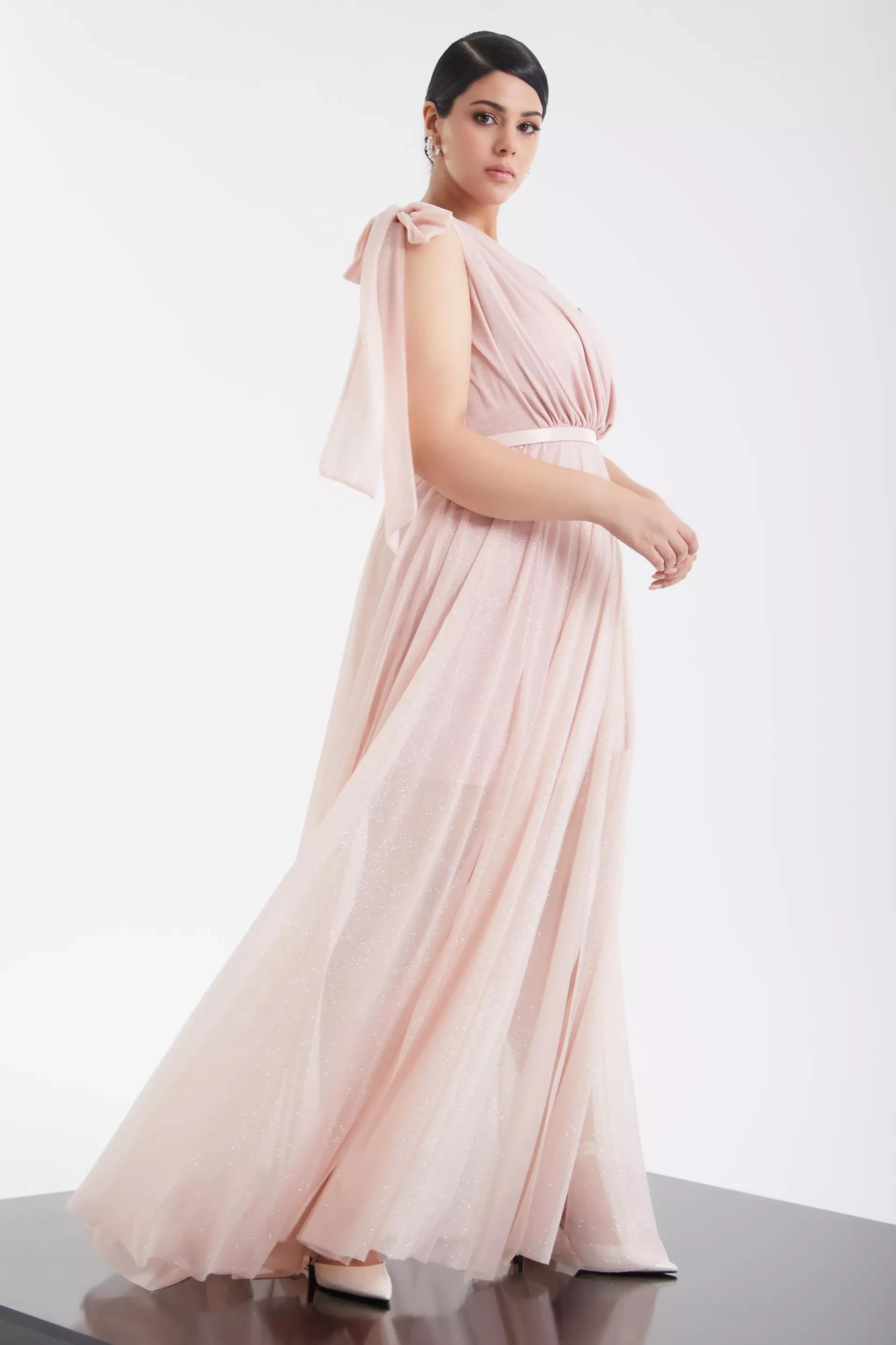 Blush plus size tulle one arm maxi dress