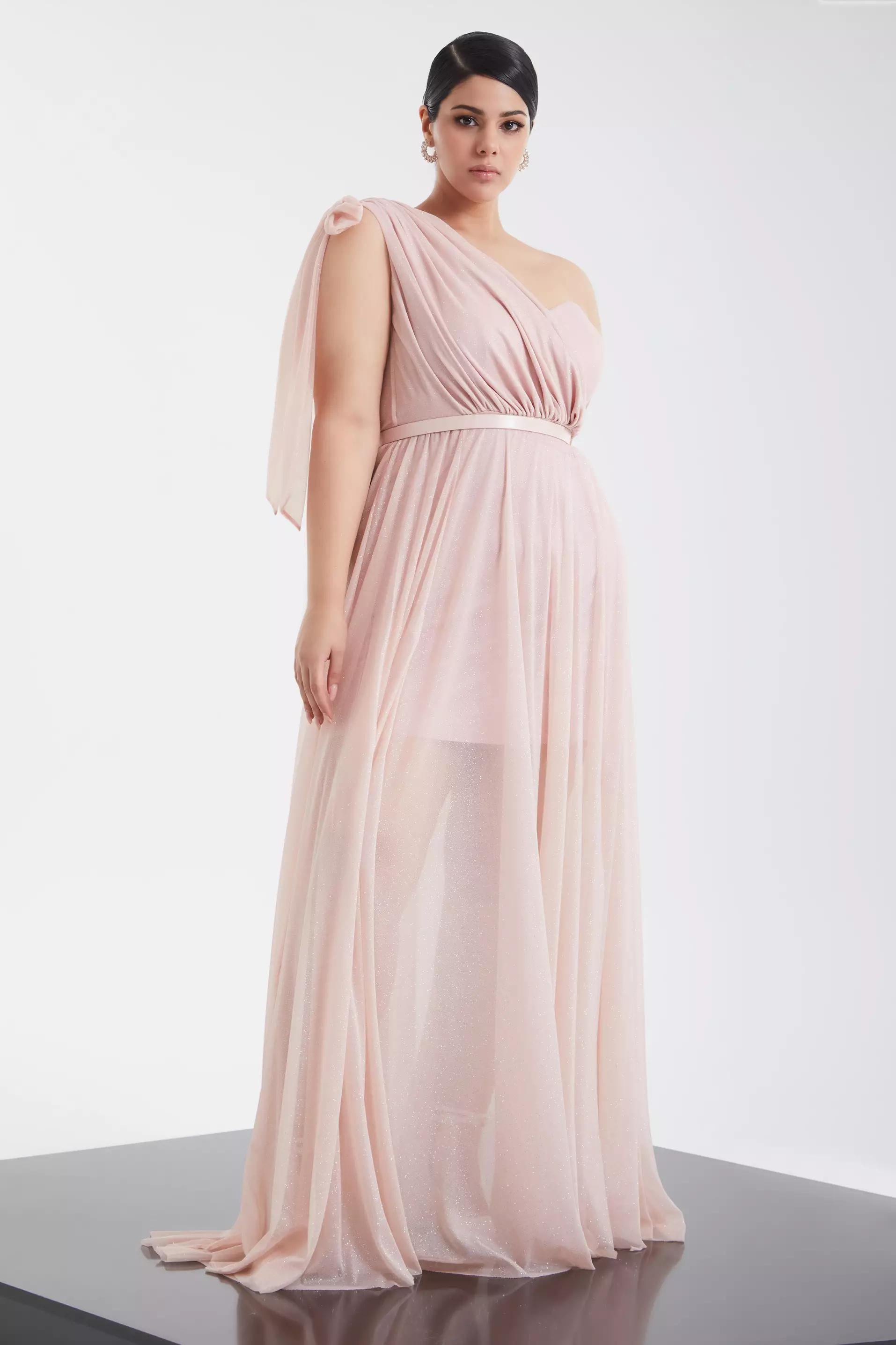 Blush plus size tulle one arm maxi dress