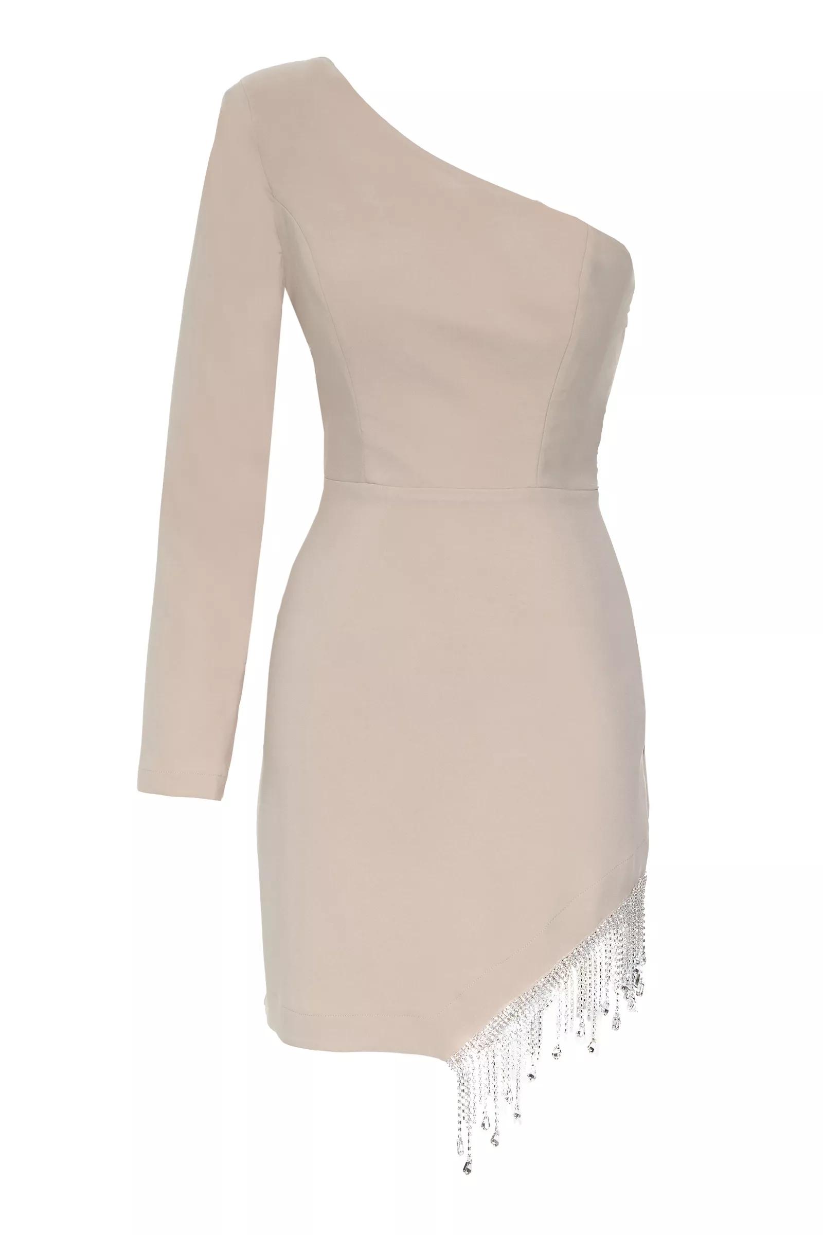 Beige Crepe One Arm Mini Dress