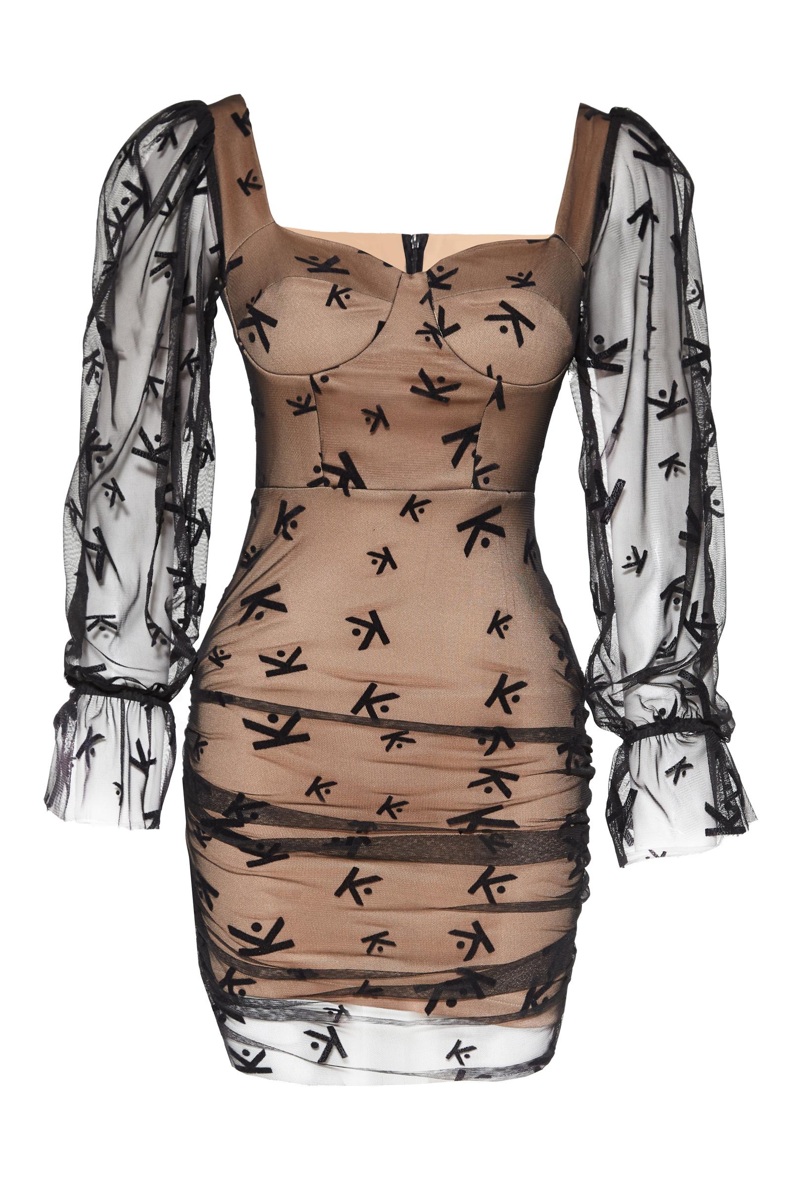 Printed tulle long sleeve mini dress