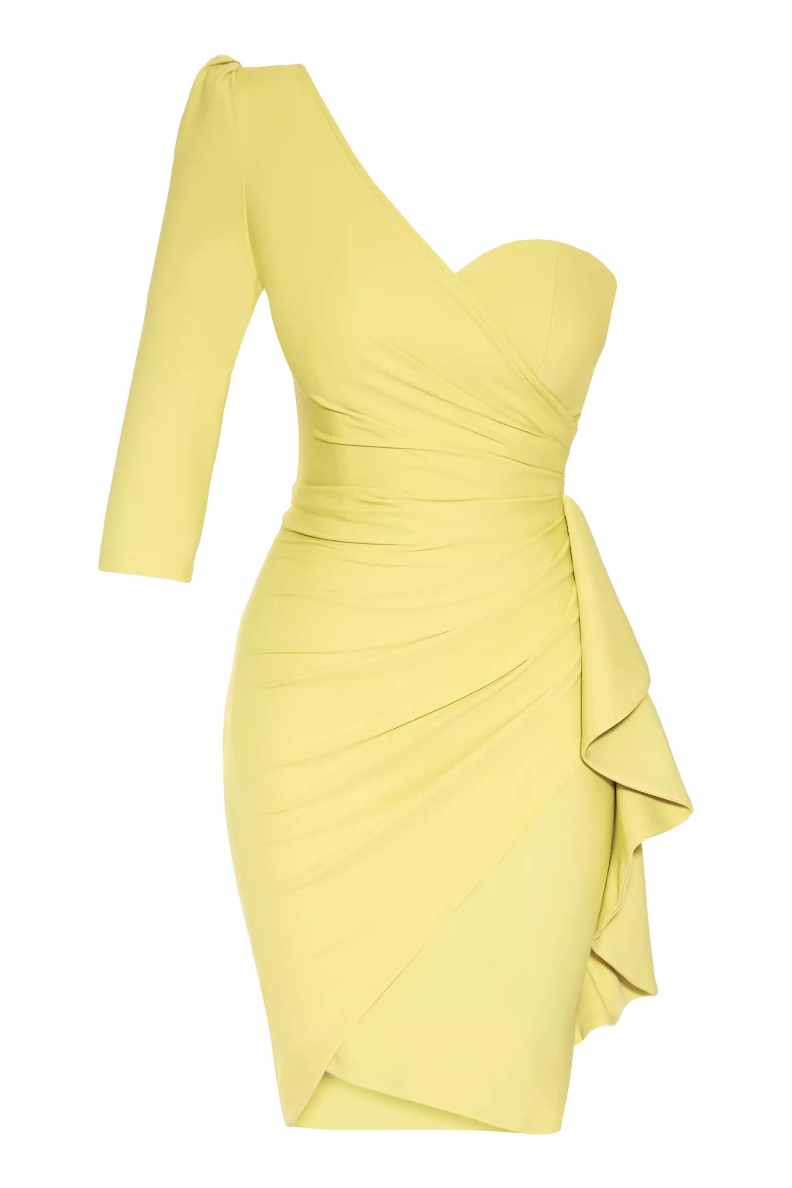 Yellow Crepe One Arm Mini Dress