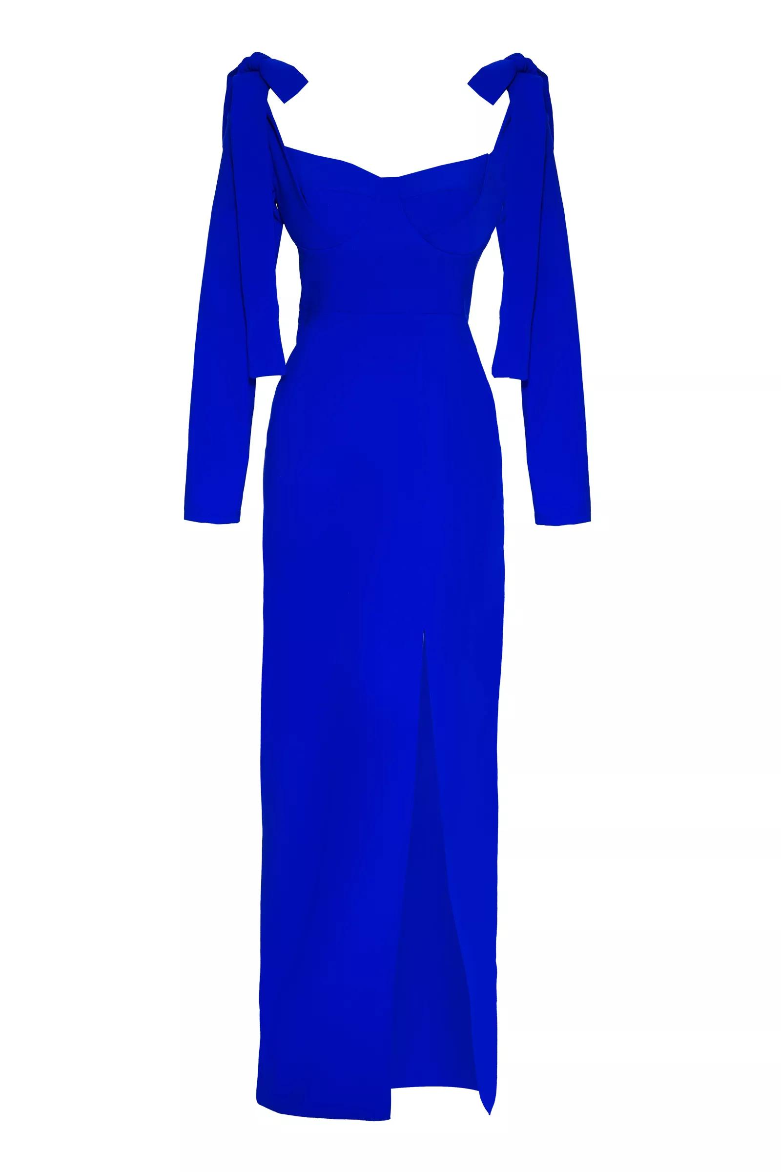 Blue Plus Size Crepe Long Sleeve Long Dress