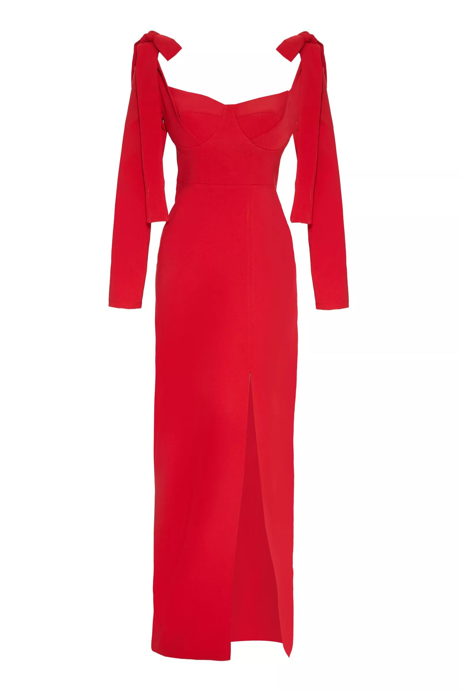 Red plus size crepe long sleeve long dress