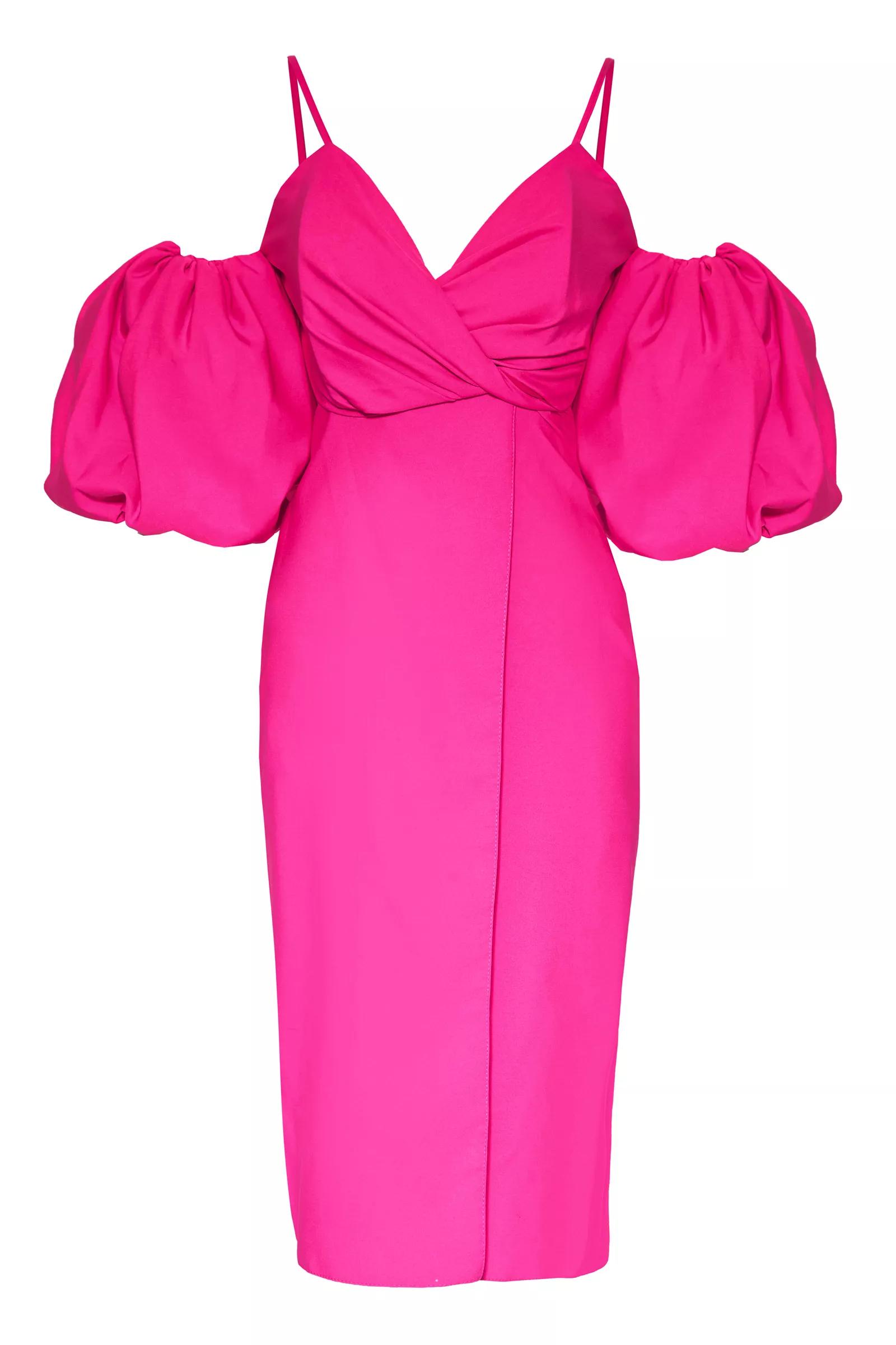 Fuchsia crepe short sleeve midi dress