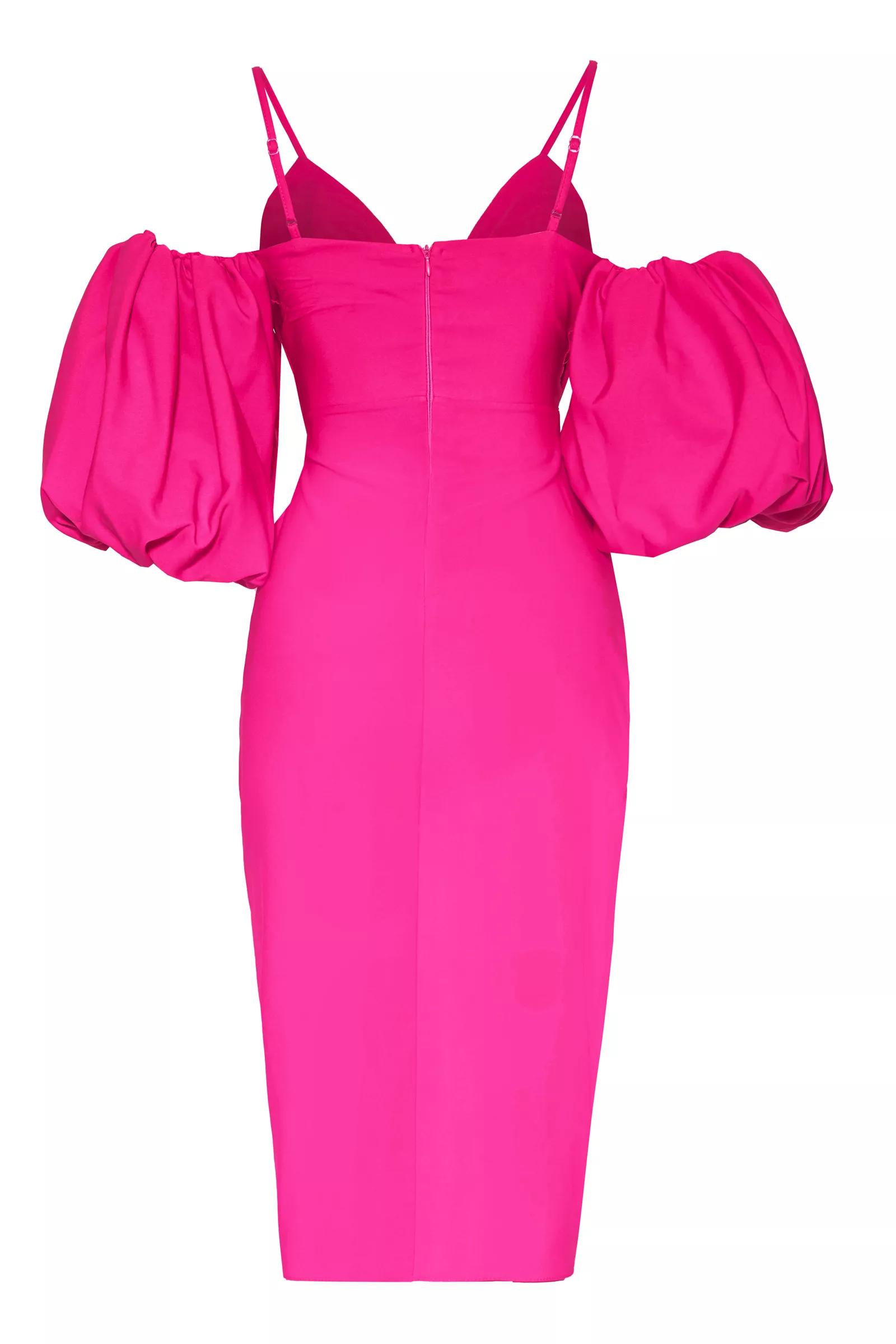 Fuchsia crepe short sleeve midi dress