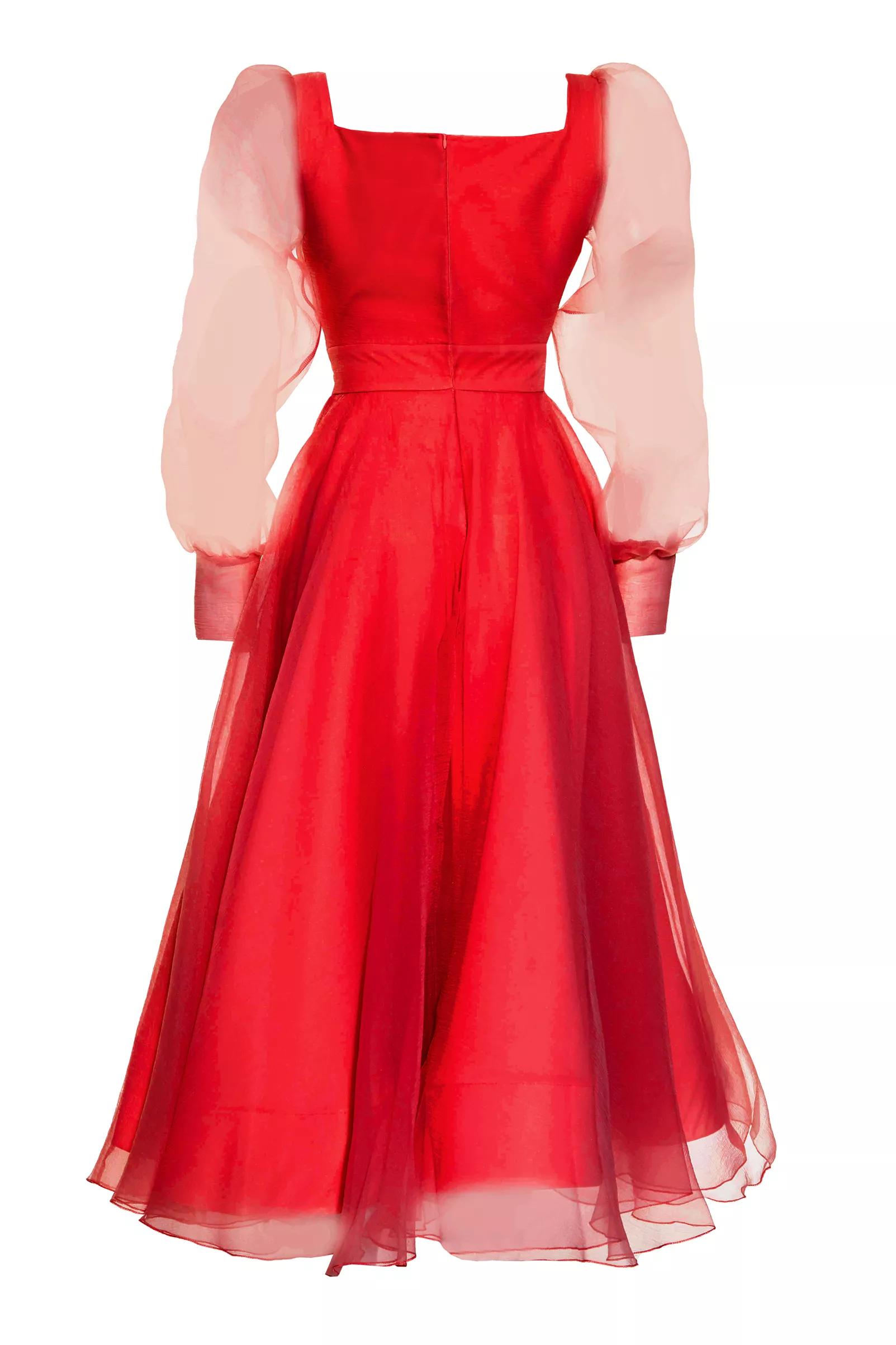 Red tulle long sleeve maxi dress