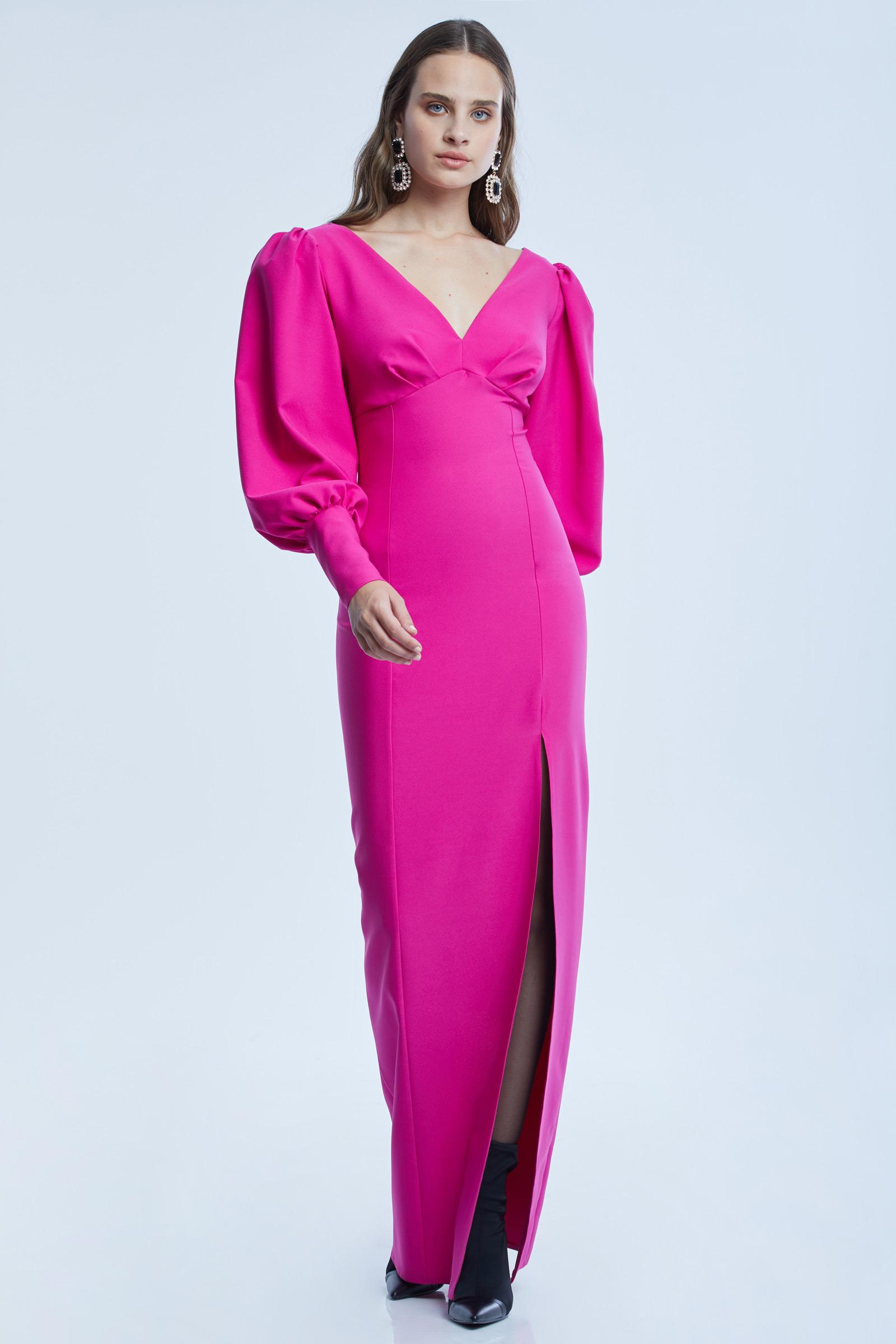 Fuchsia crepe long sleeve maxi dress