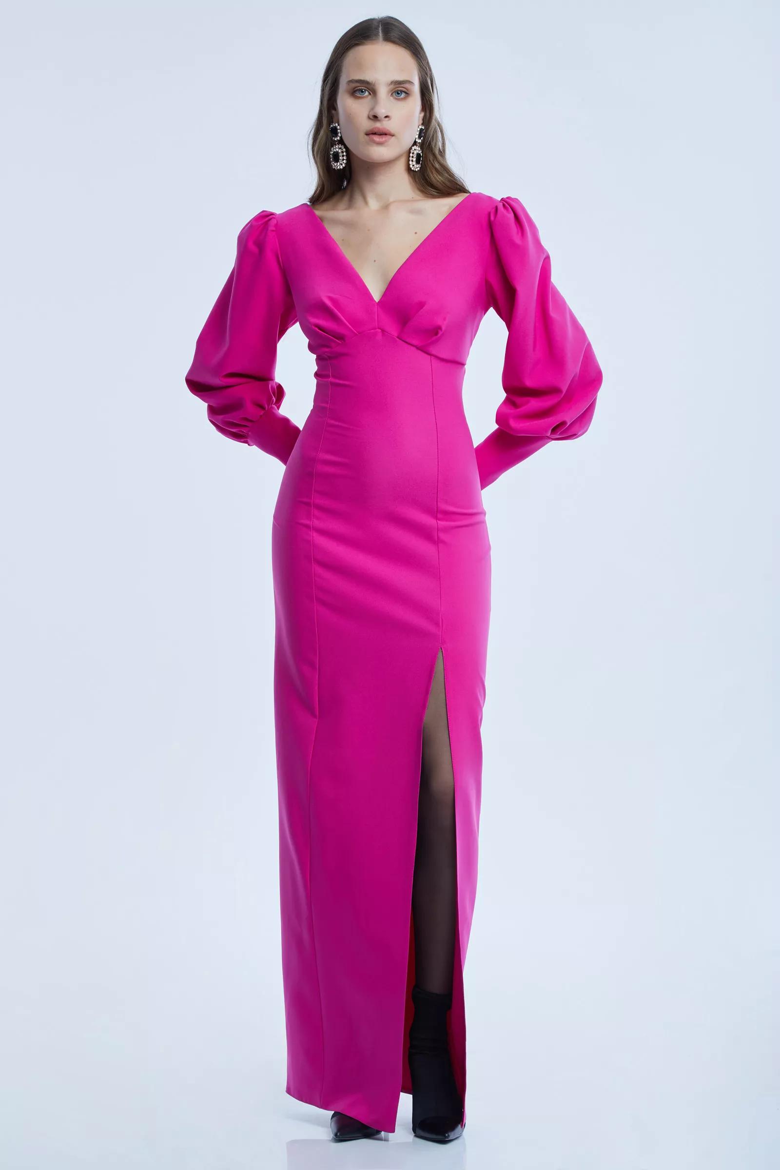 Fuchsia crepe long sleeve maxi dress