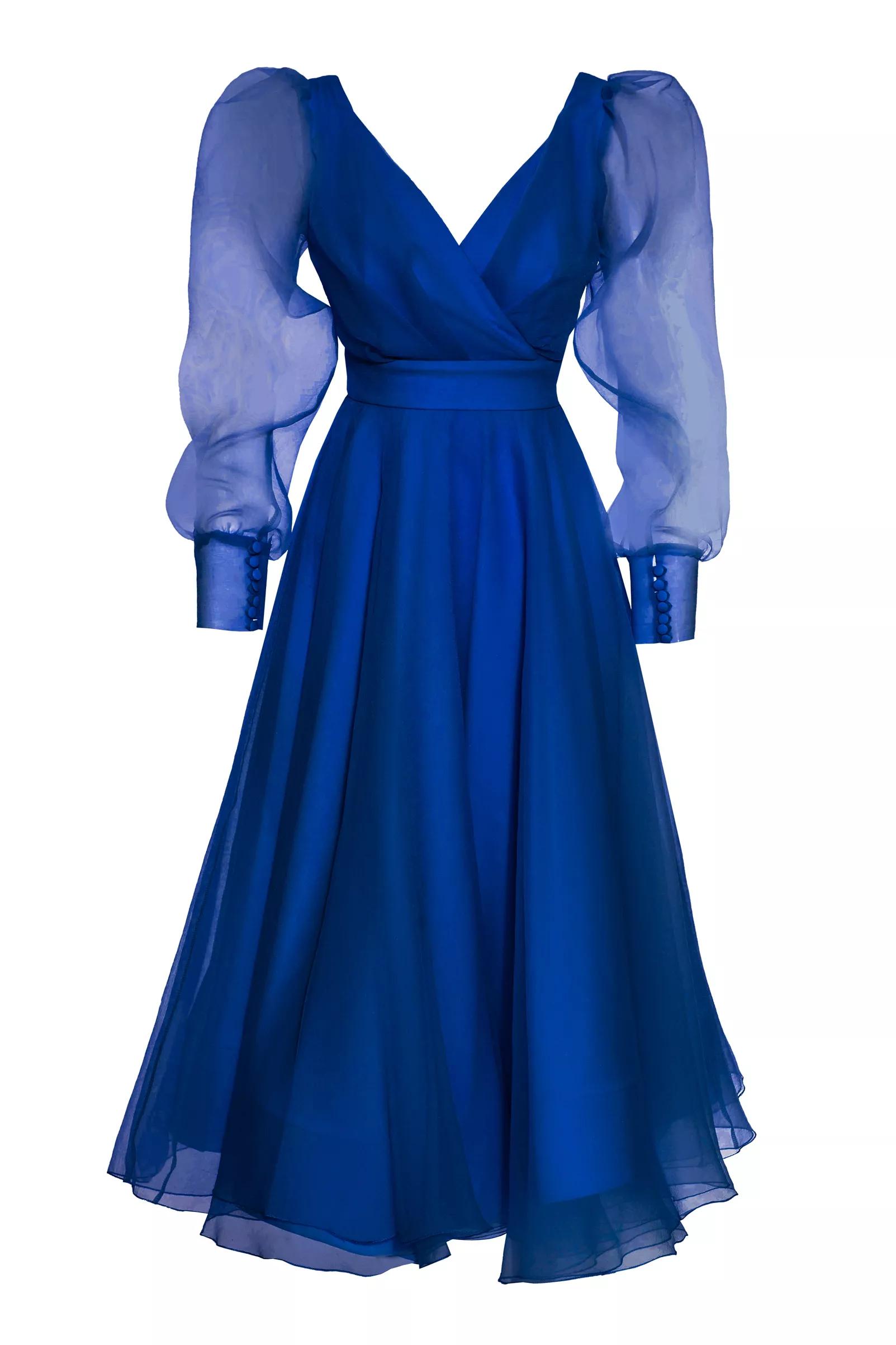 Blue tulle long sleeve maxi dress