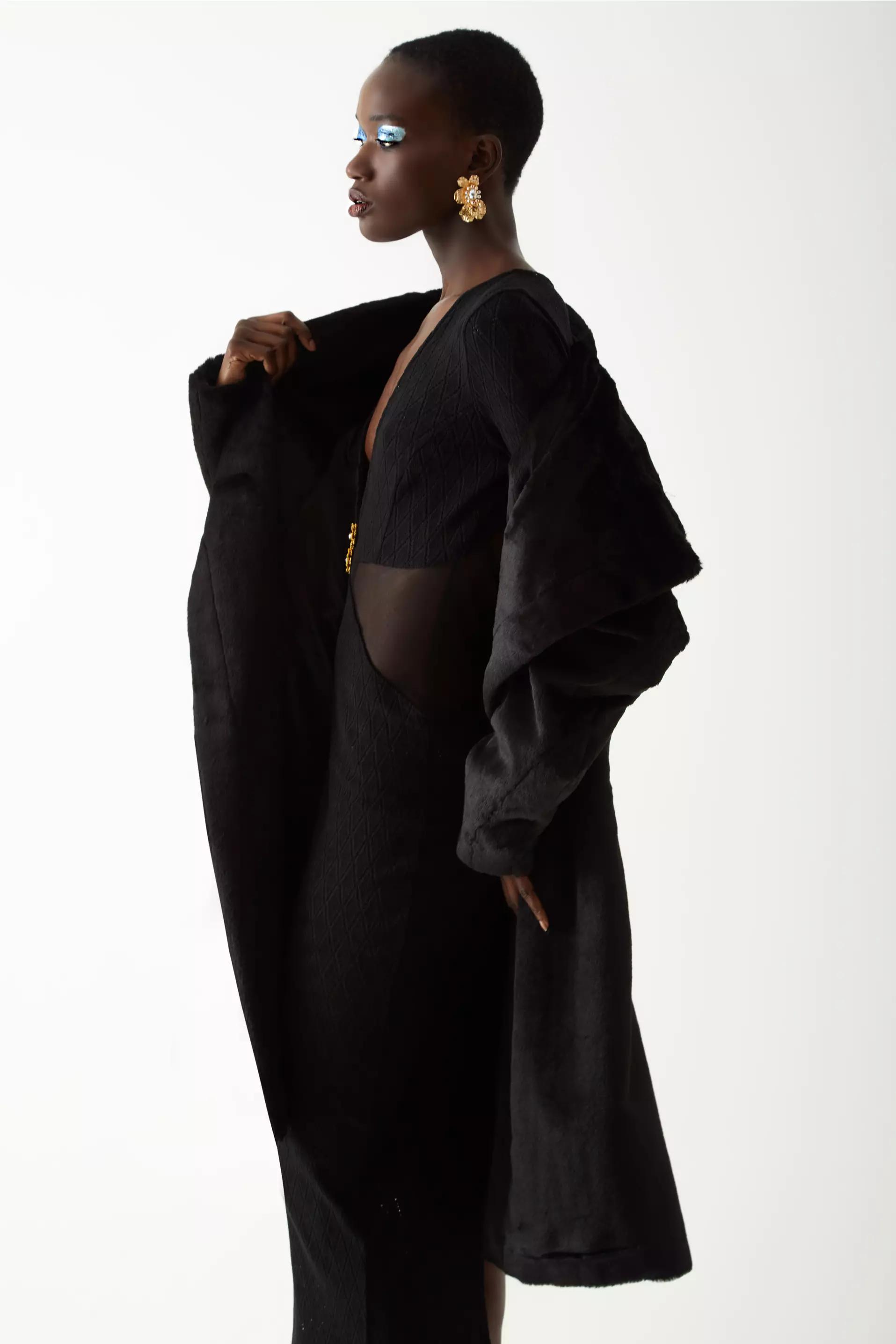 Black bunny long sleeve maxi coat