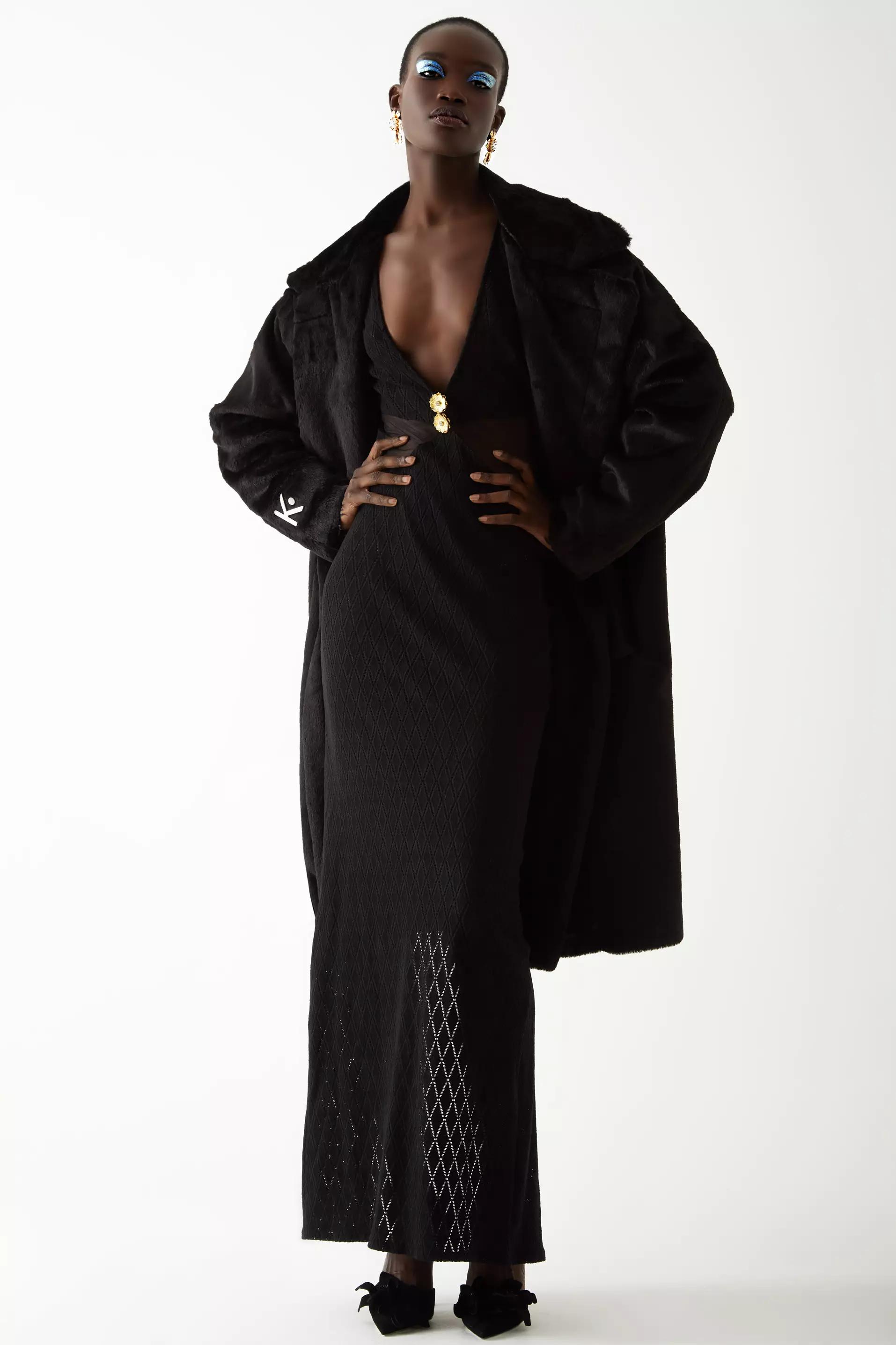 Black bunny long sleeve maxi coat