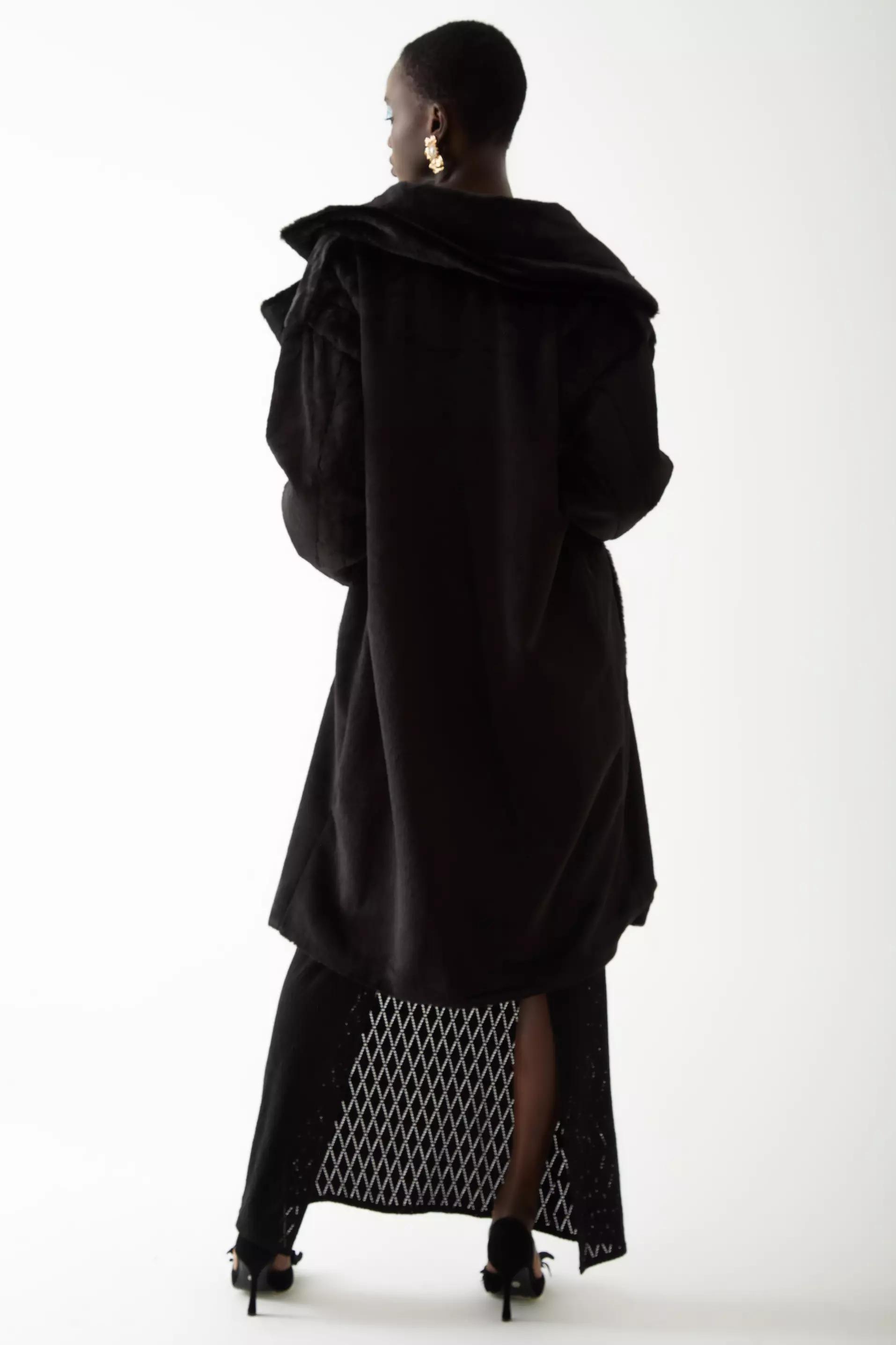 Black bunny long sleeve maxi coat