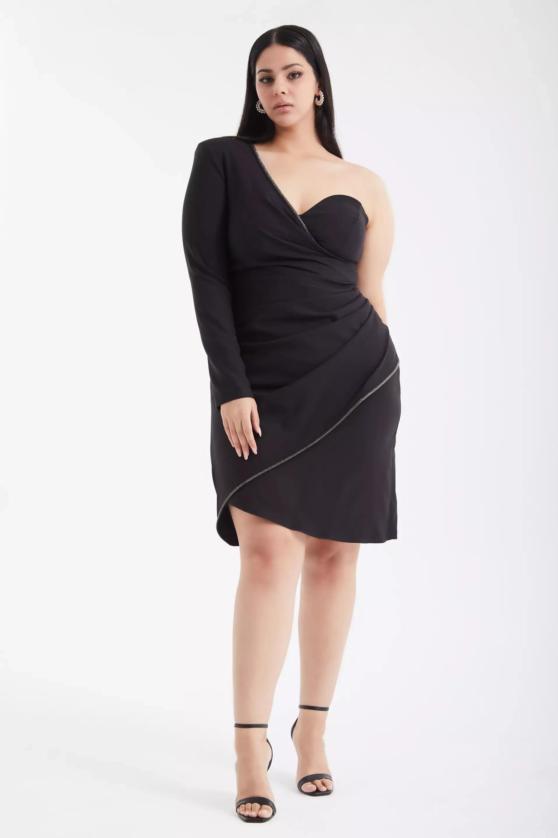 Black plus size crepe one arm mini dress