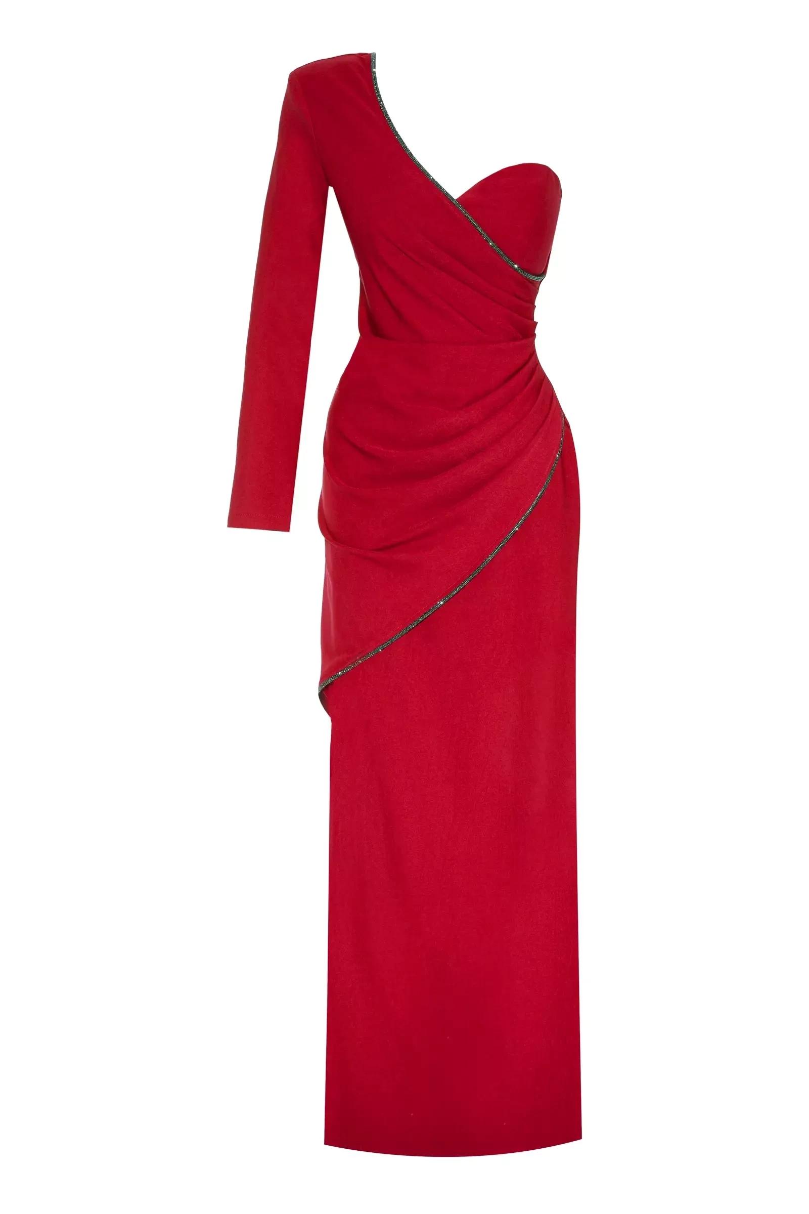 Red plus size crepe one arm maxi dress