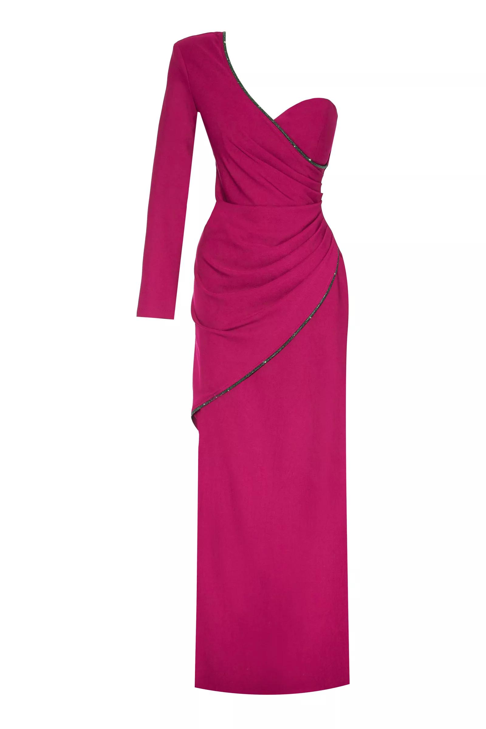 Fuchsia plus size crepe one arm maxi dress