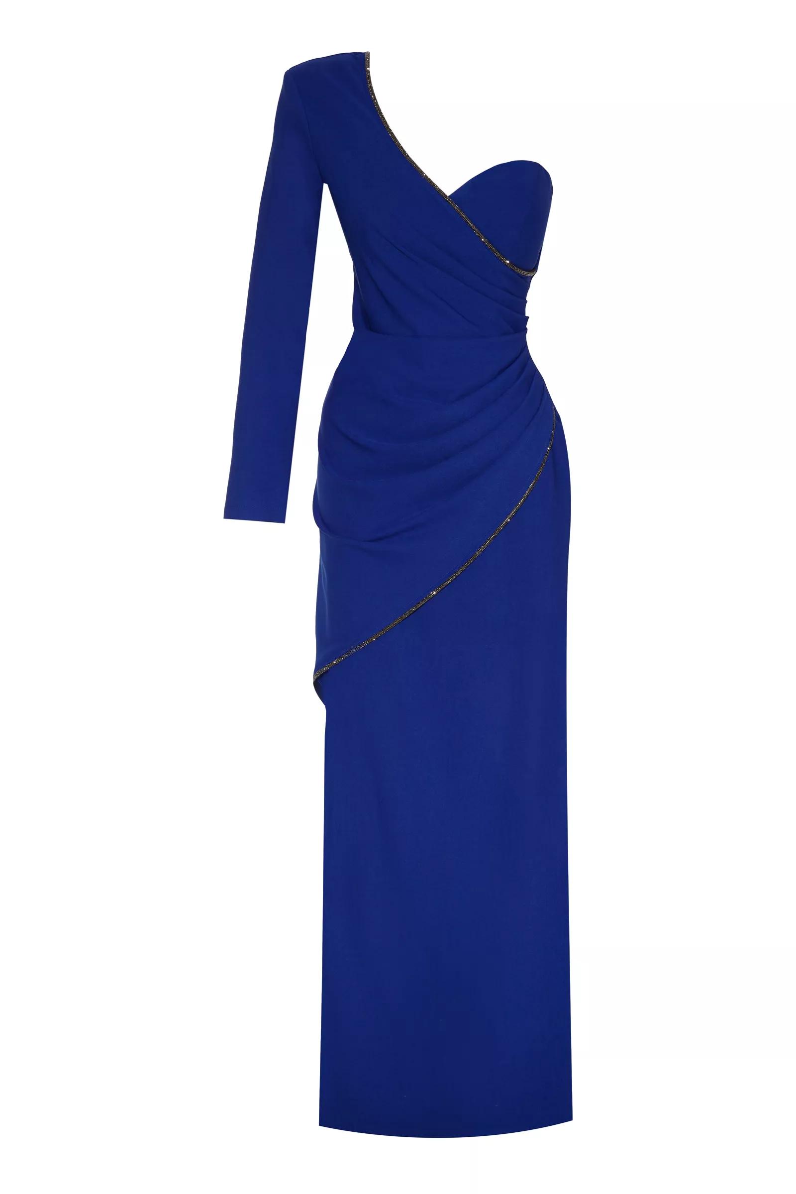 Blue plus size crepe one arm maxi dress