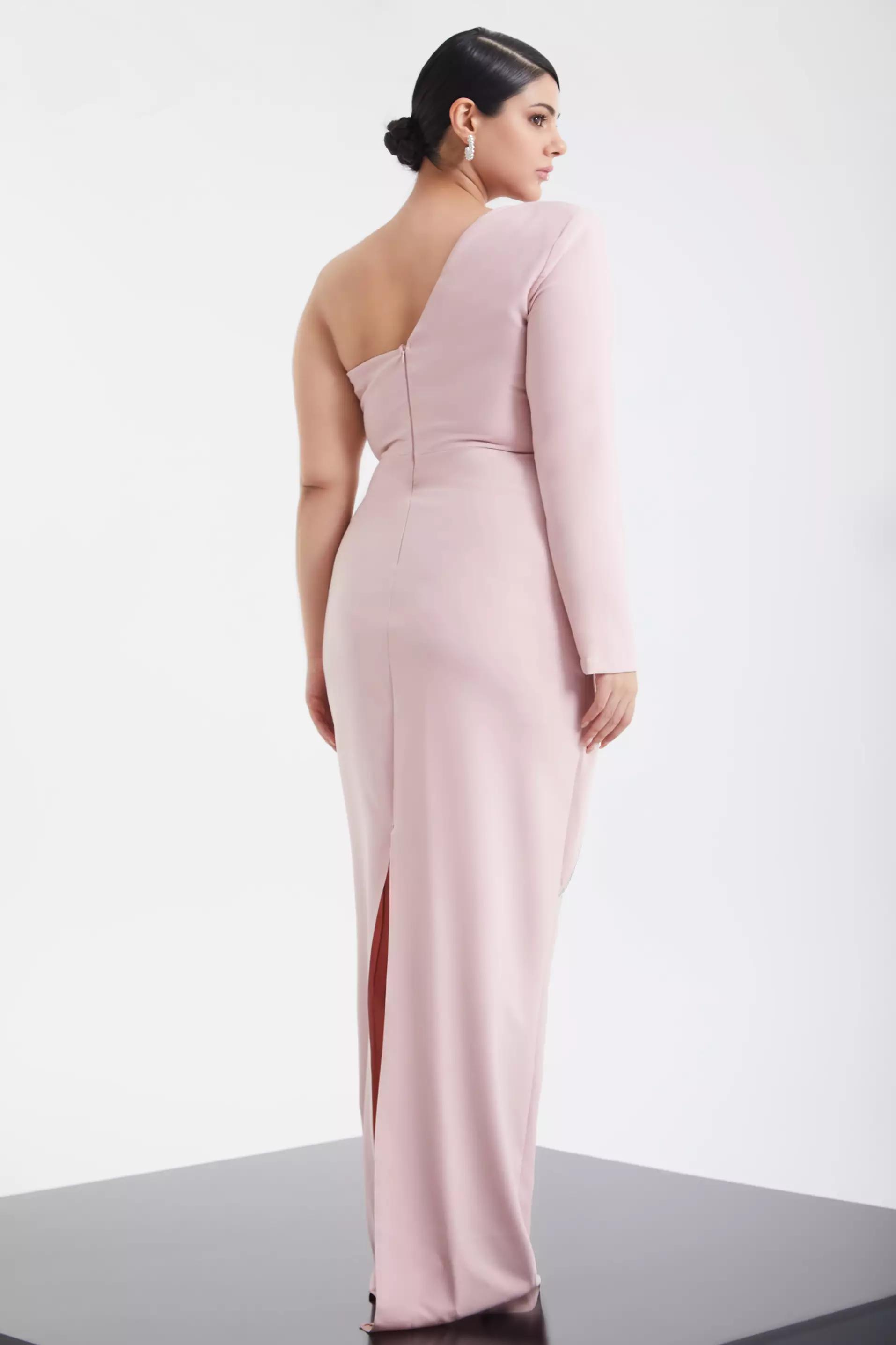 Blush plus size crepe one arm maxi dress