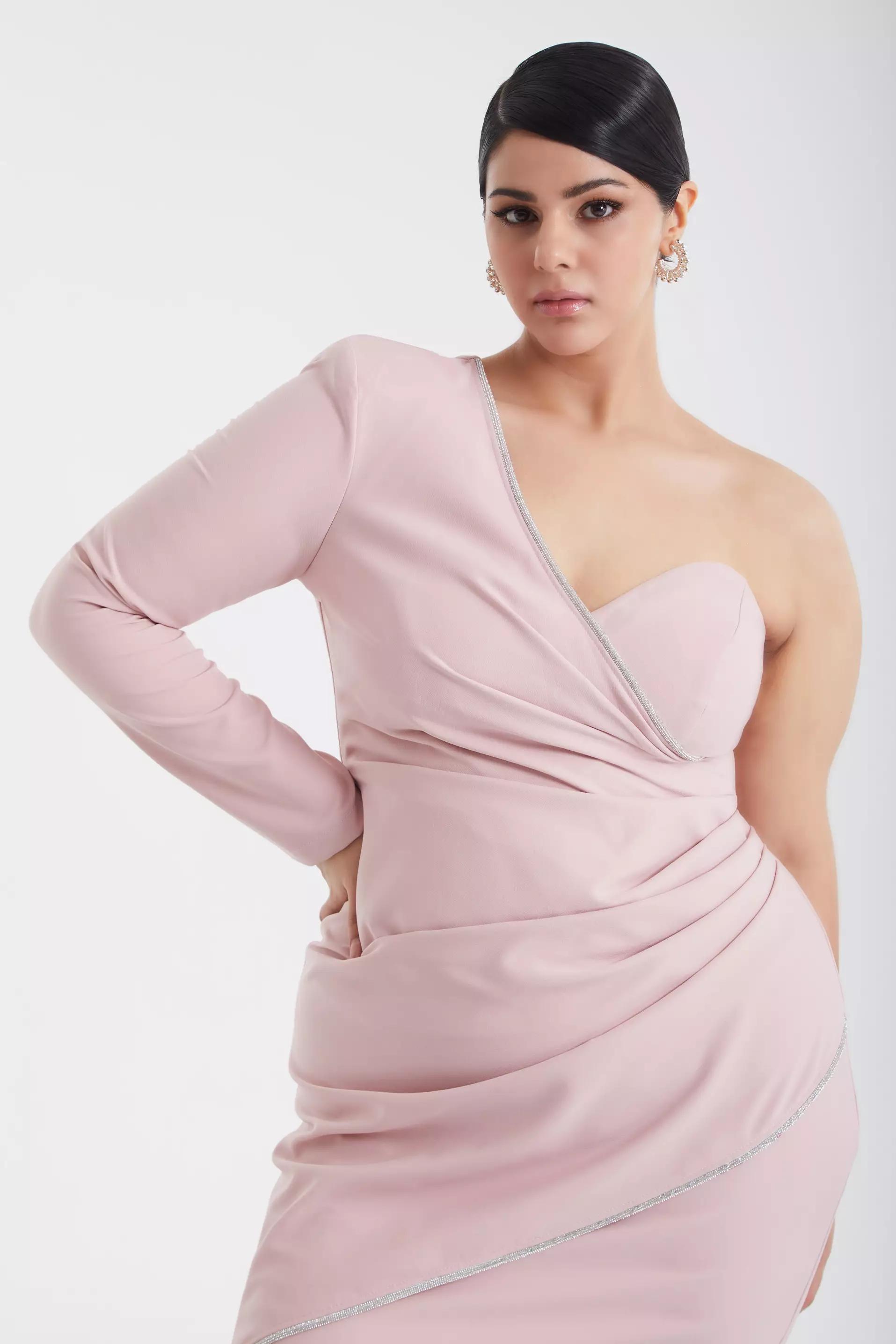 Blush plus size crepe one arm maxi dress