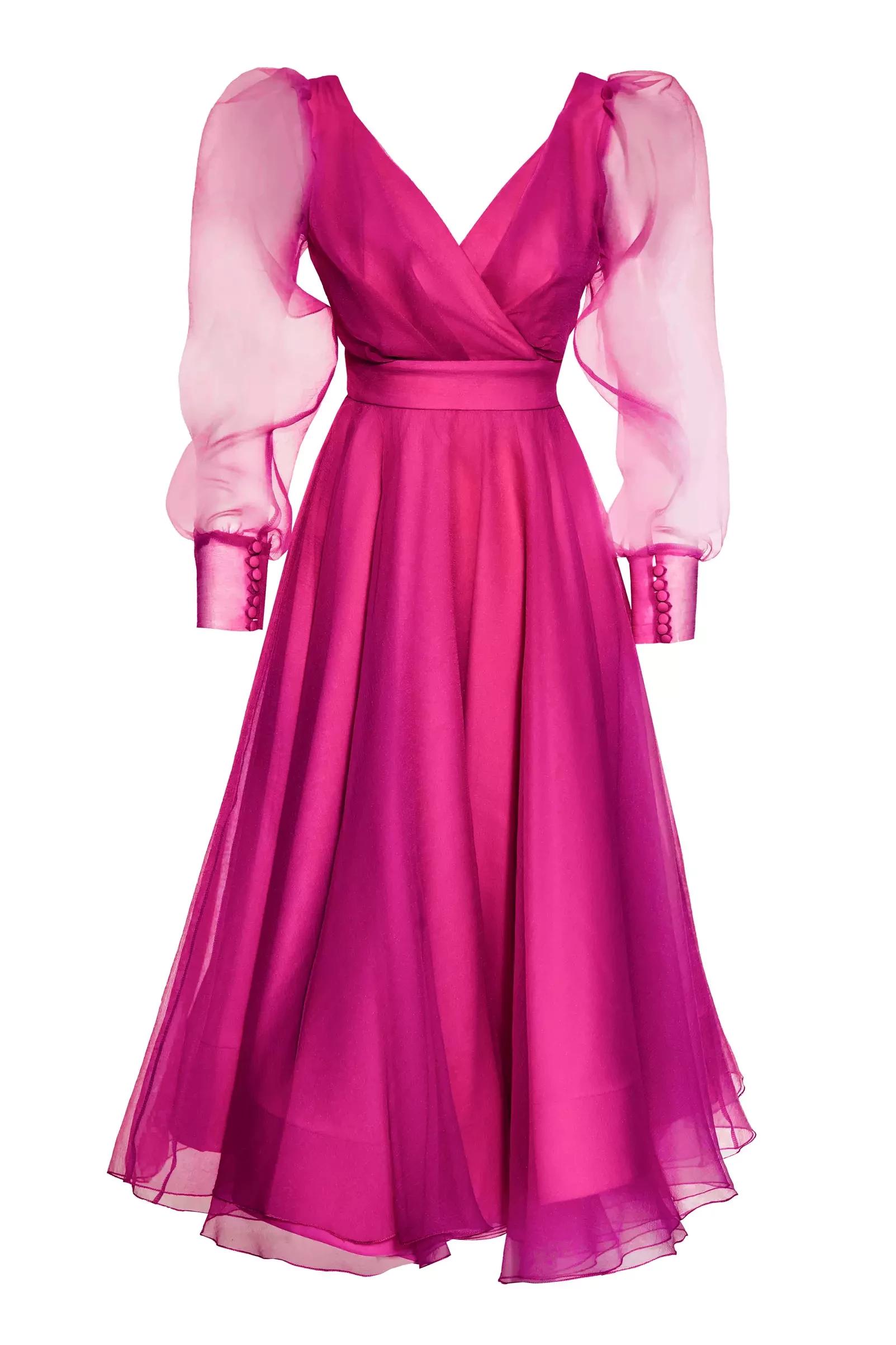 Fuchsia tulle long sleeve maxi dress