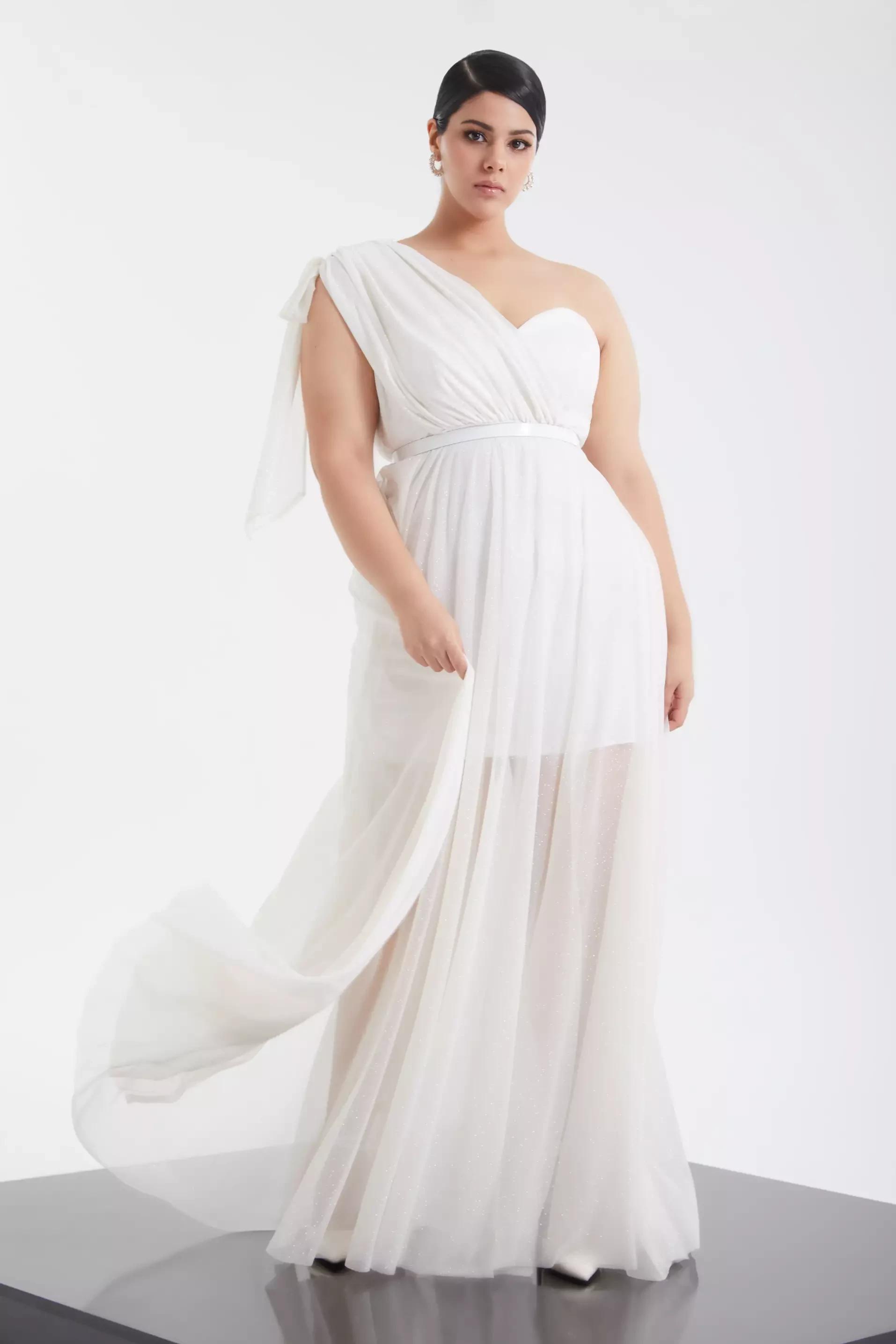 White plus size tulle one arm maxi dress