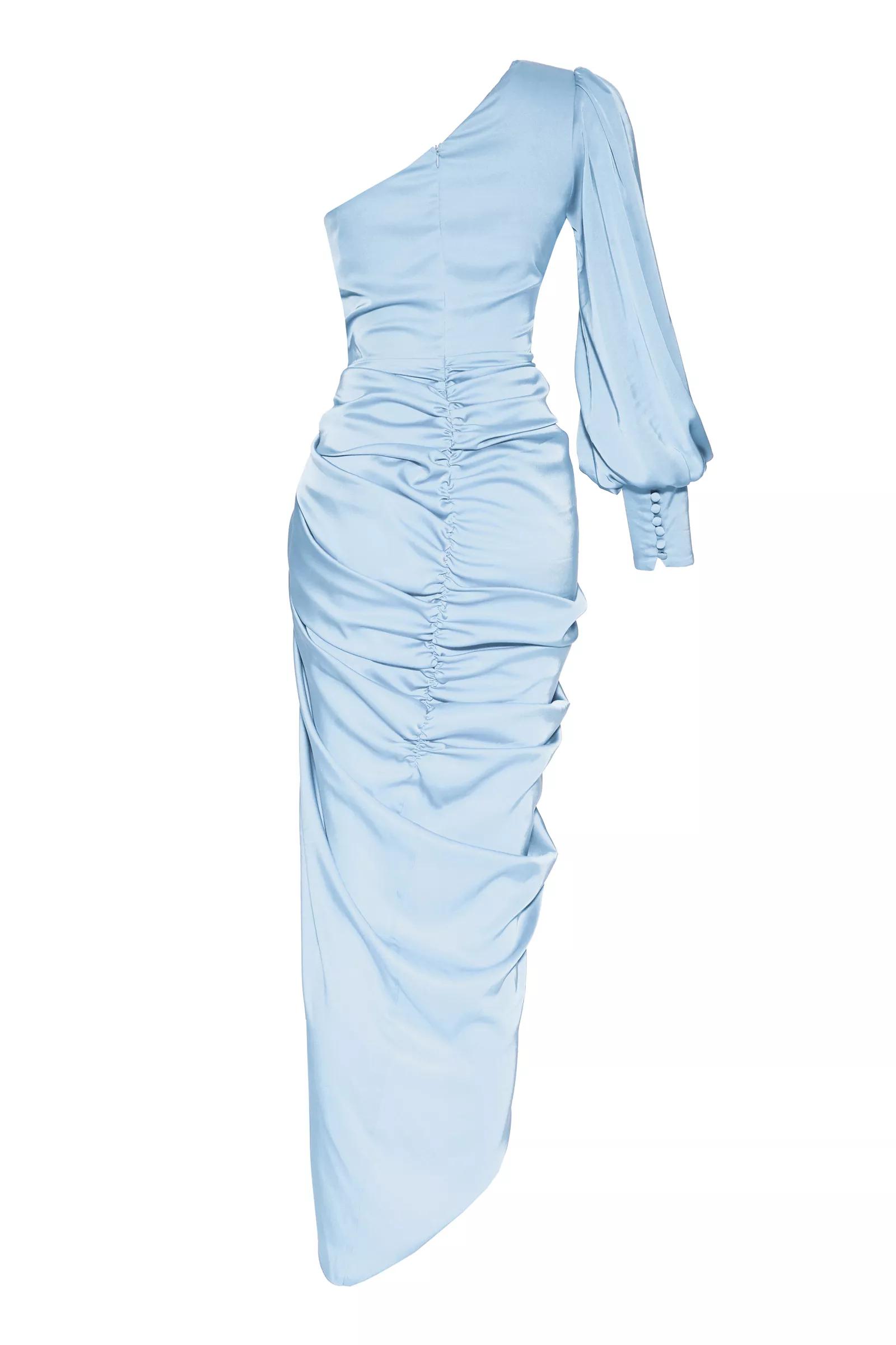 Blue Satin One Arm Maxi Dress