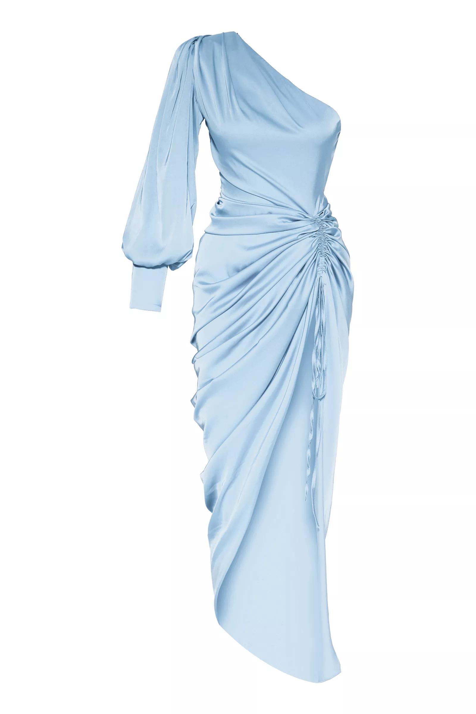 Blue Satin One Arm Maxi Dress