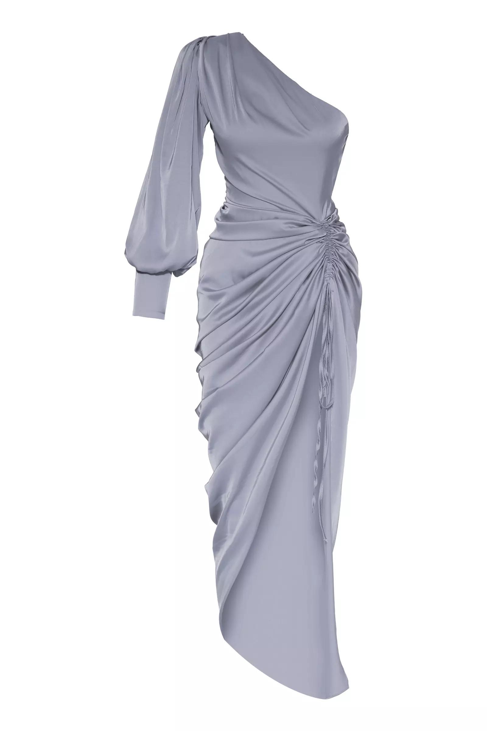 Gray Satin One Arm Maxi Dress