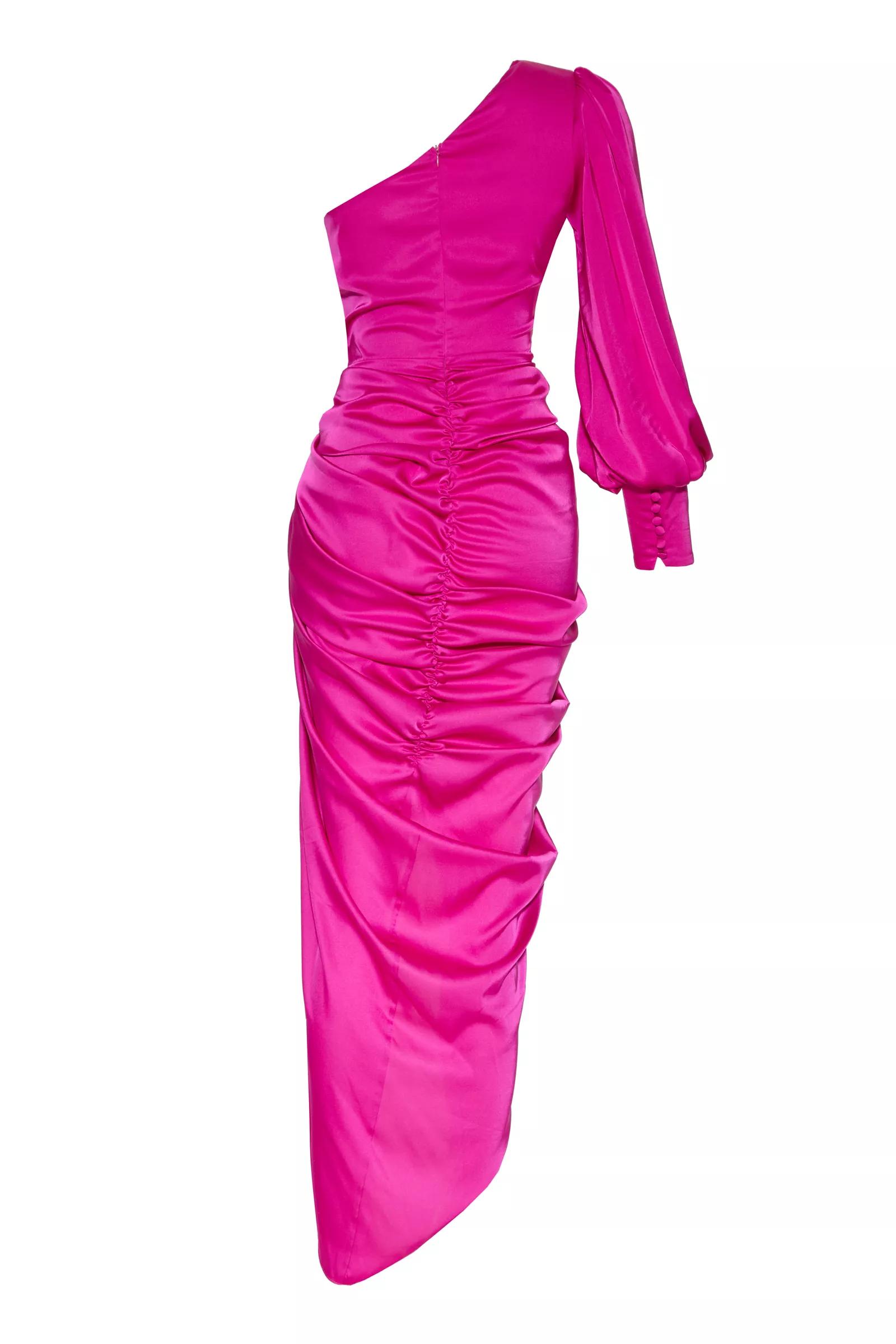 Fuchsia satin one arm maxi dress