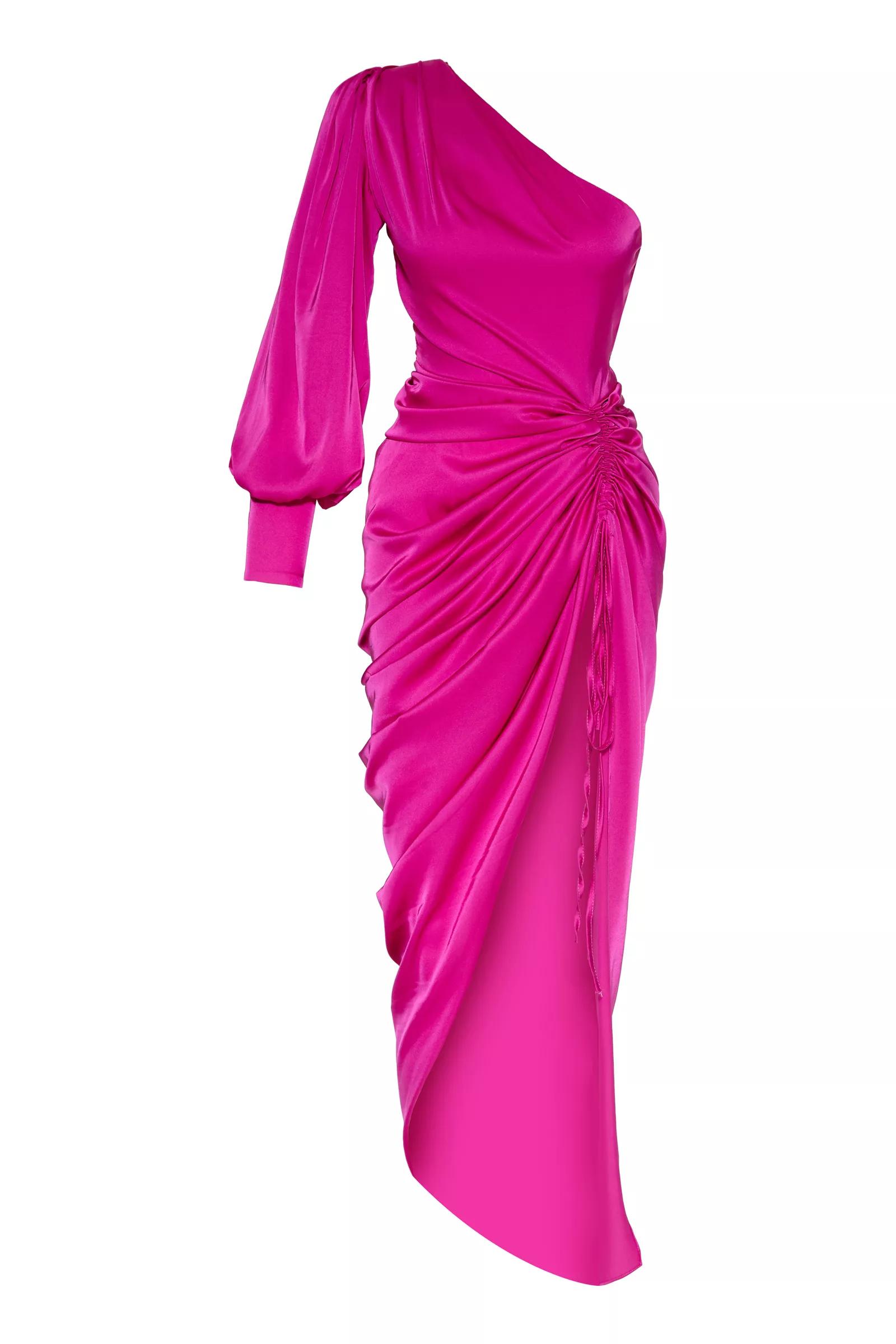 Fuchsia satin one arm maxi dress