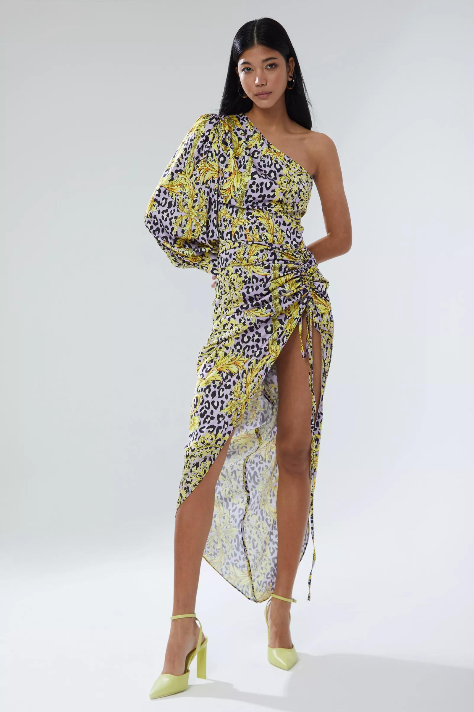 Printed Satin One Arm Maxi Dress