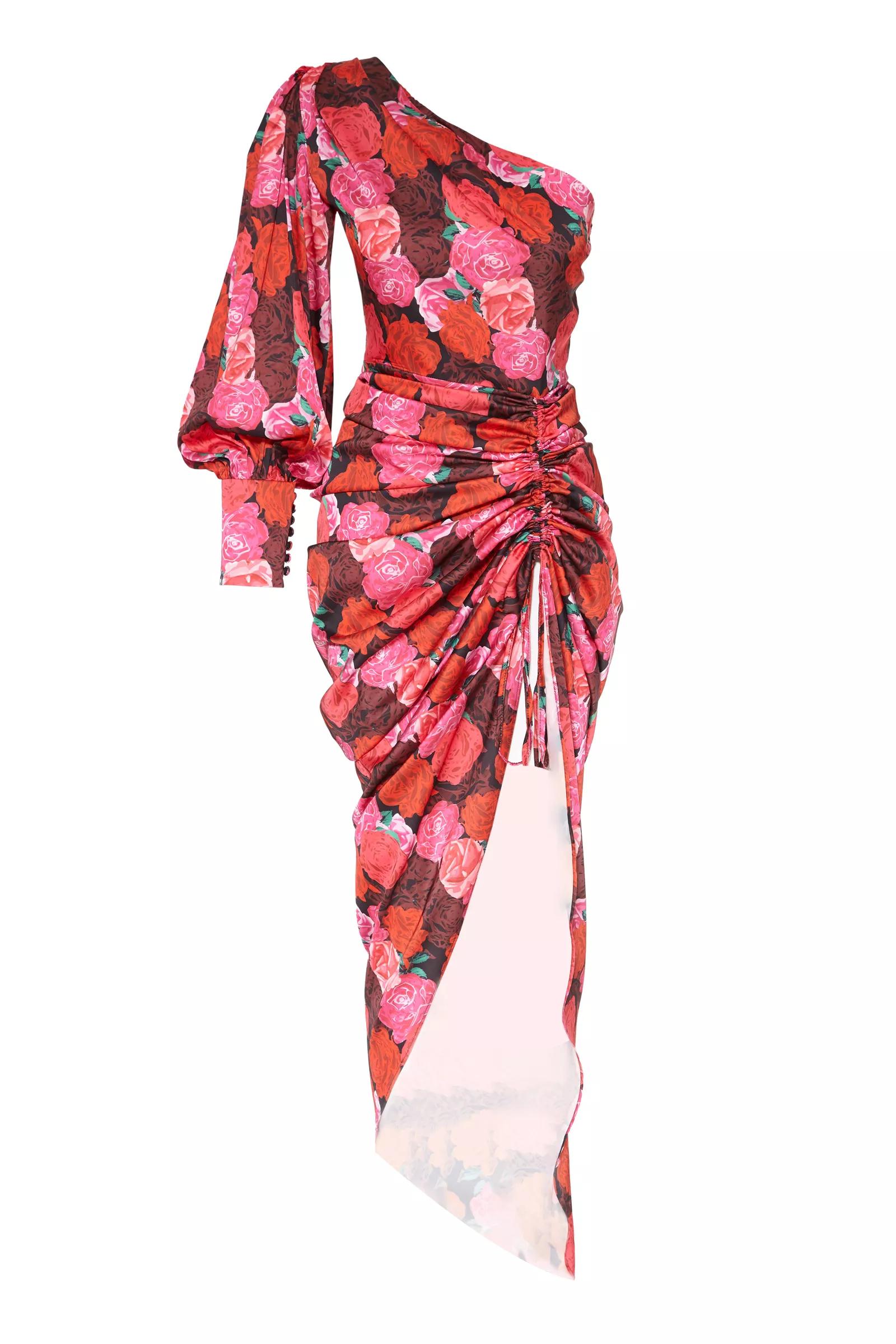 Printed Satin One Arm Maxi Dress