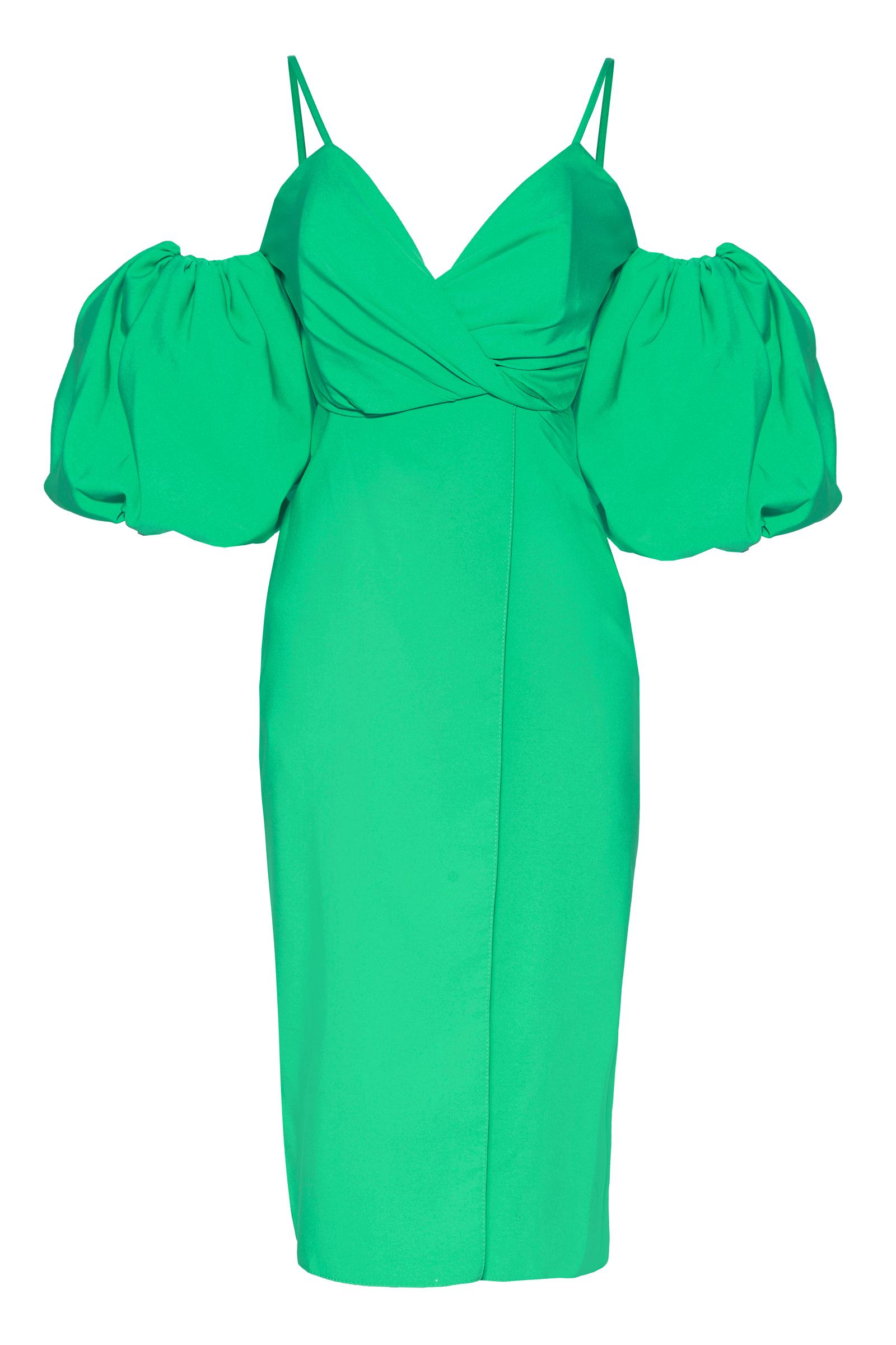 Green Crepe Short Sleeve Midi Dress