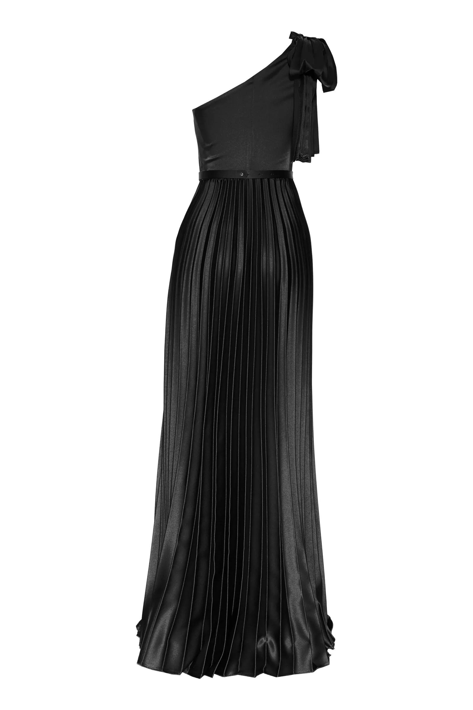 Black satin one arm long dress