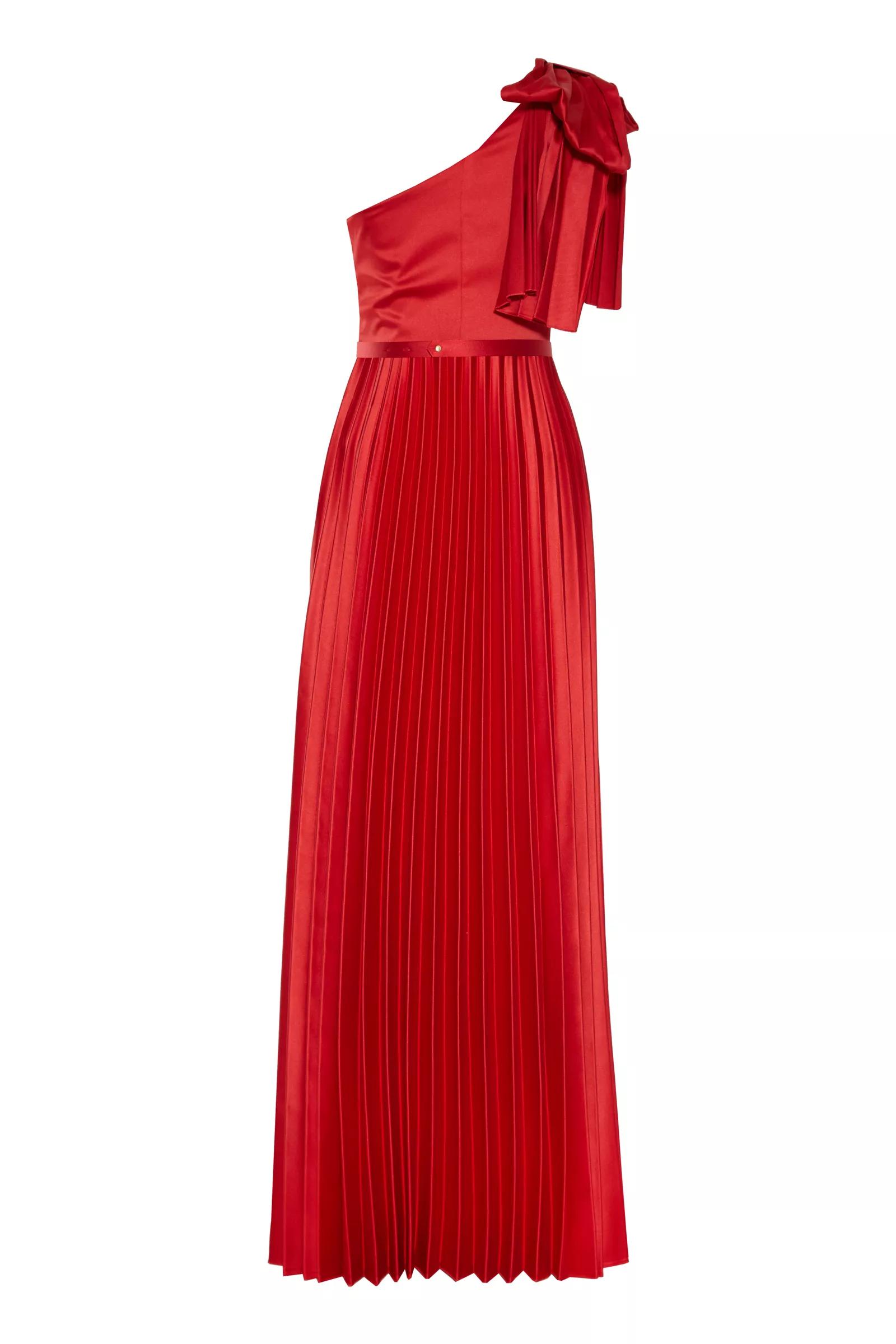 Red satin one arm long dress