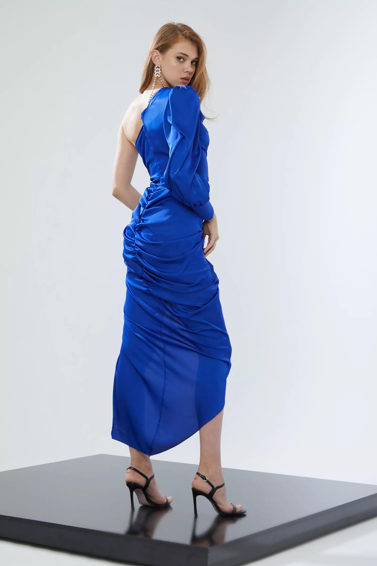 Blue Satin One Arm Maxi Dress