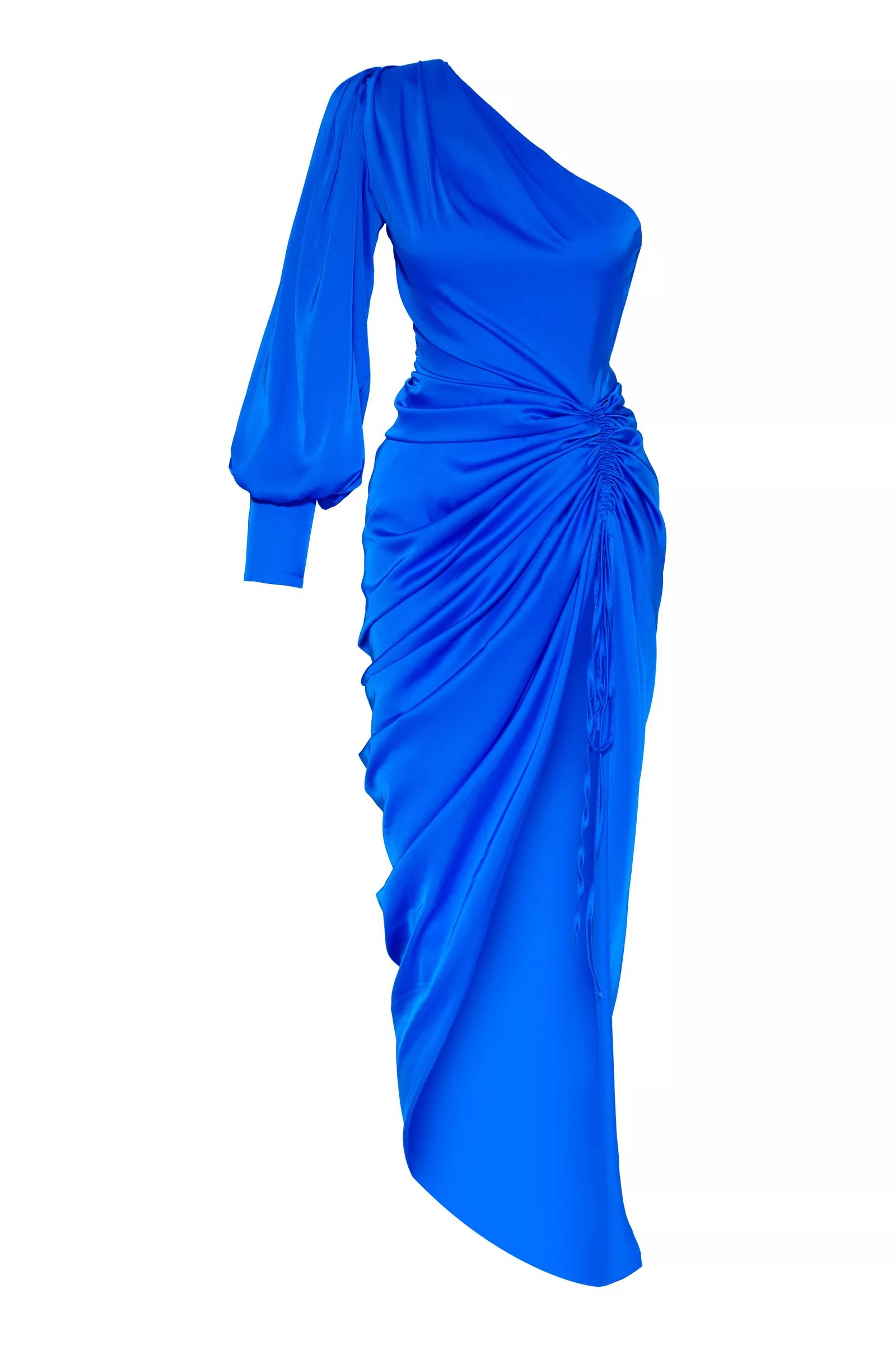 Blue Satin One Arm Maxi Dress