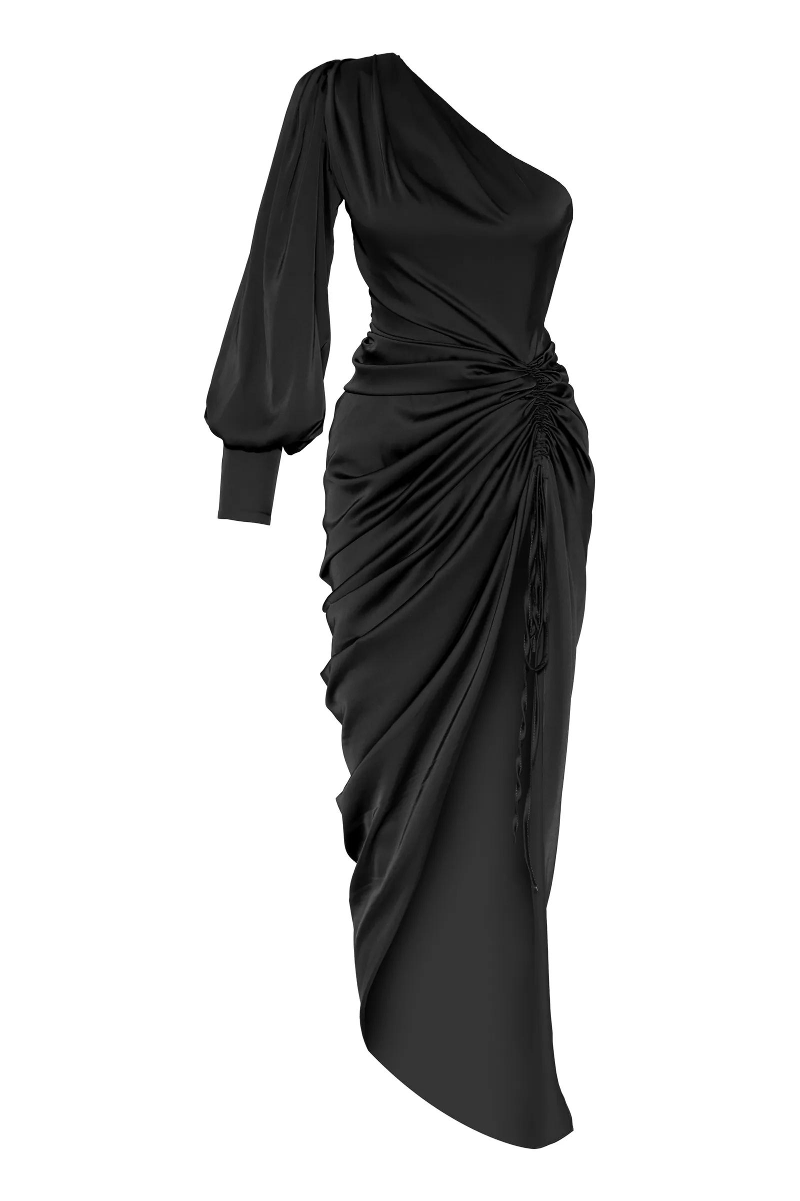 Black Satin One Arm Maxi Dress