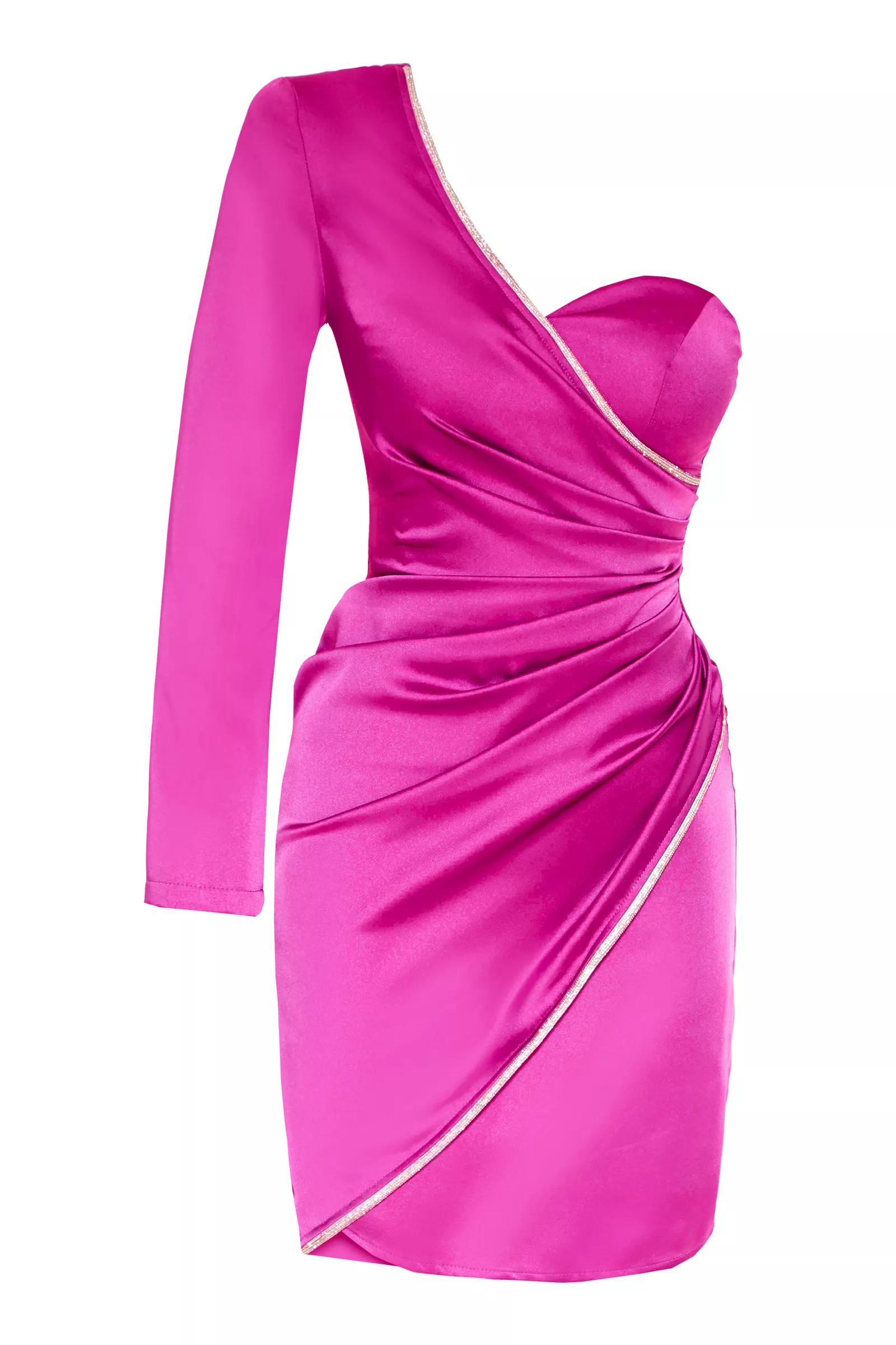 Fuchsia satin one arm mini dress