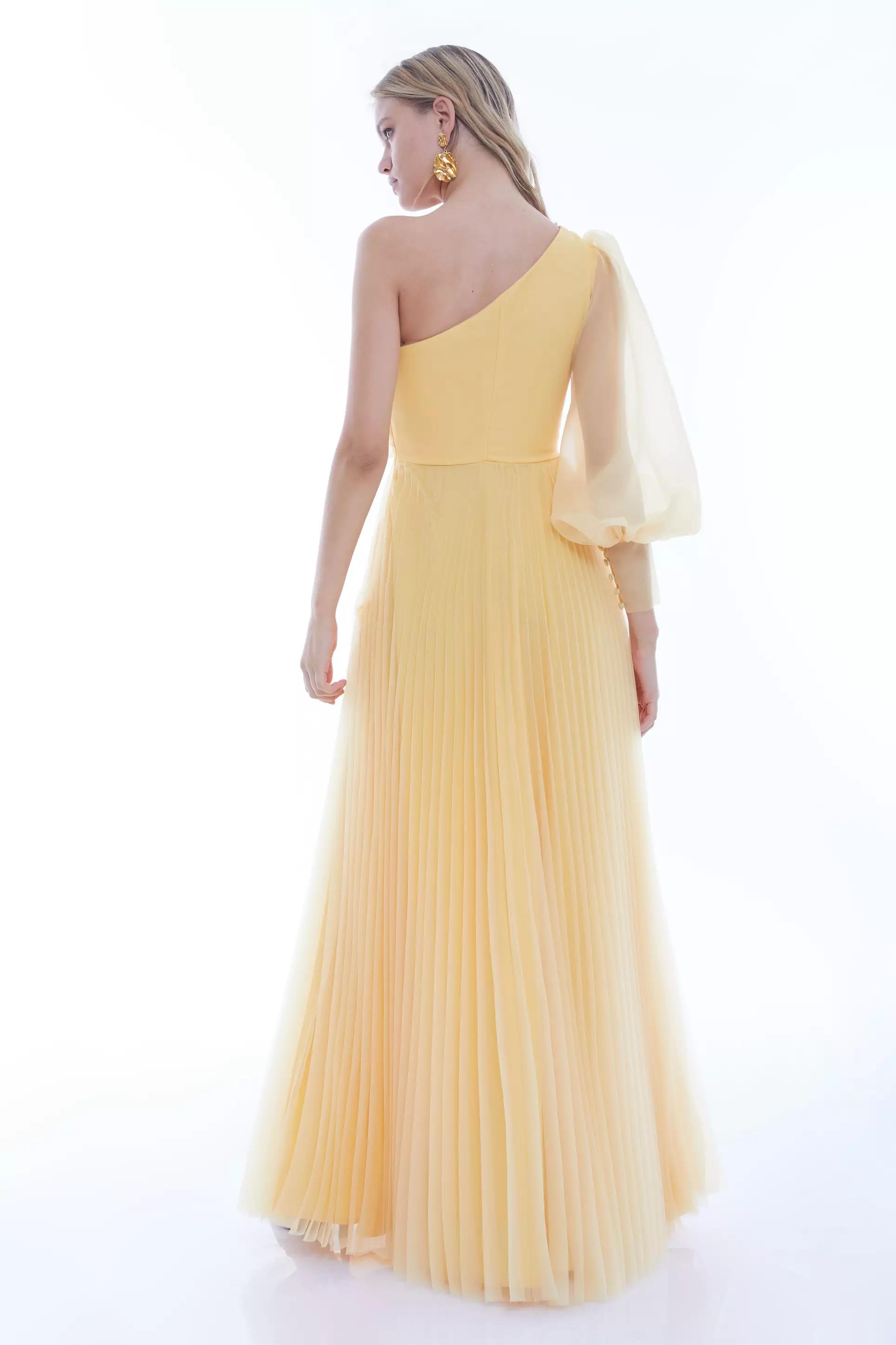 Yellow Tulle One Arm Uzun Dress