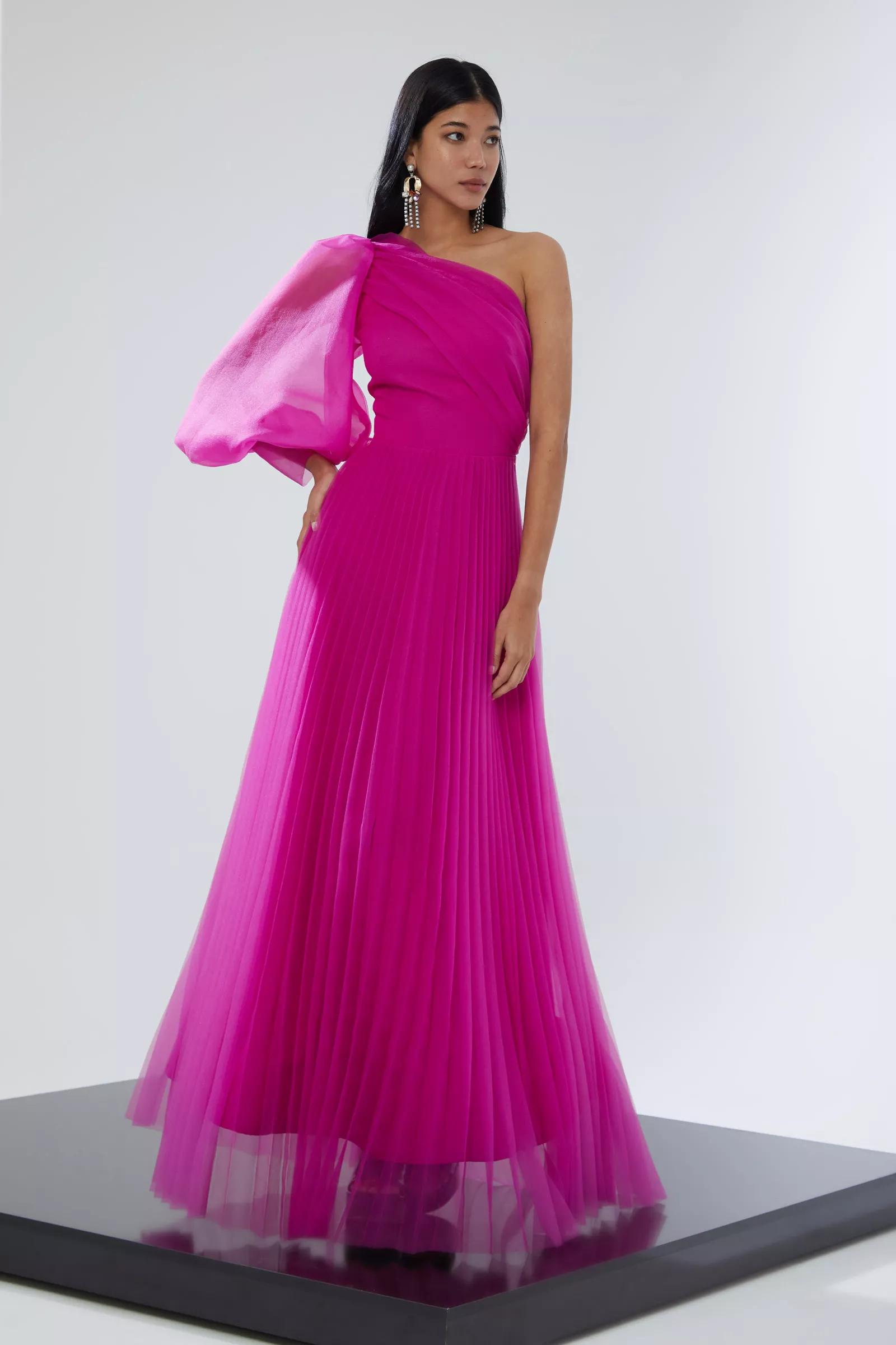 Fuchsia tulle one arm long dress