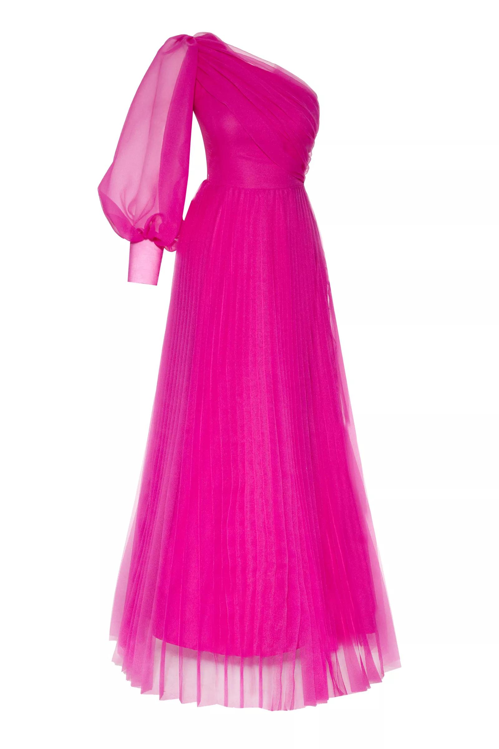 Fuchsia tulle one arm long dress