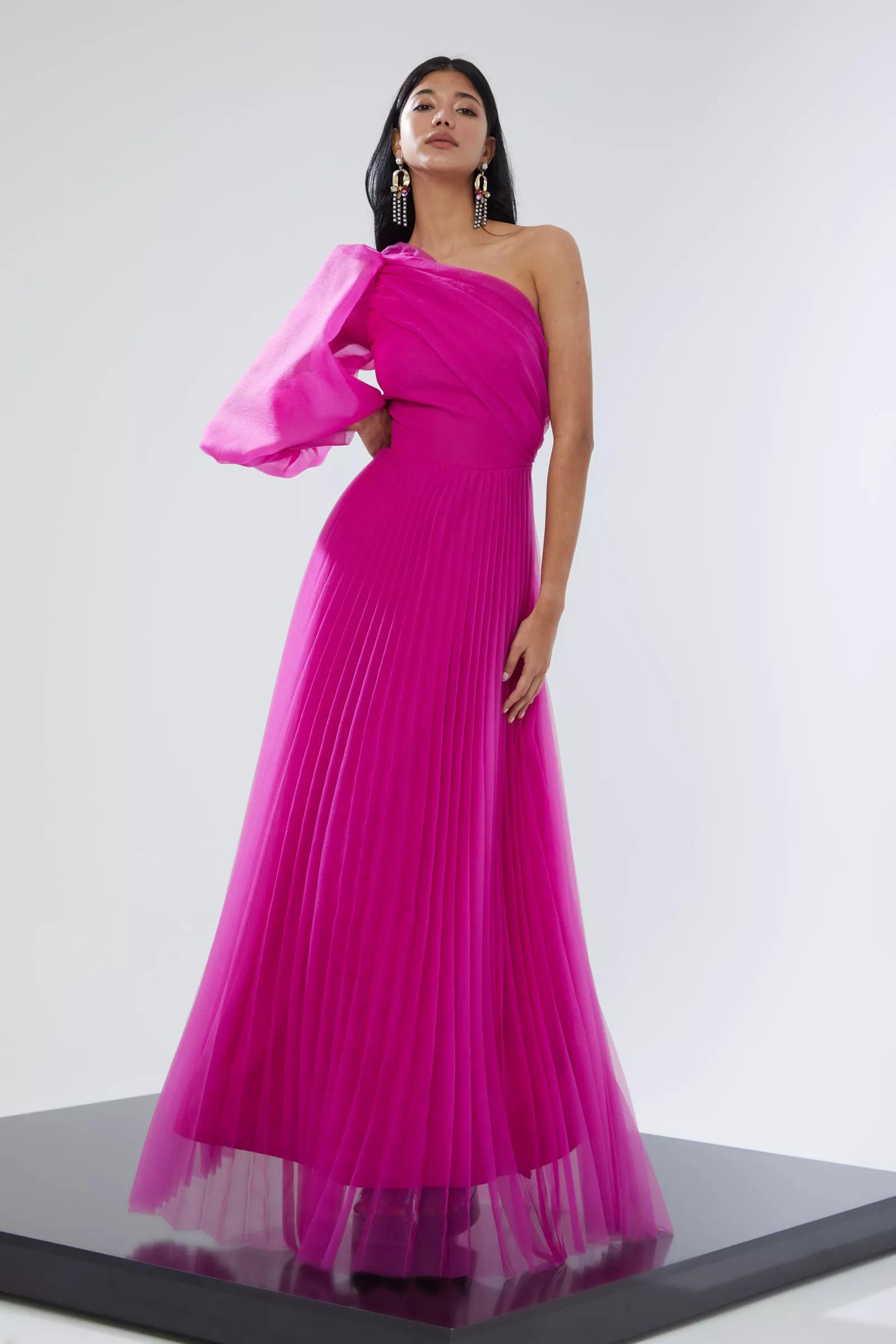 Fuchsia tulle one arm long dress