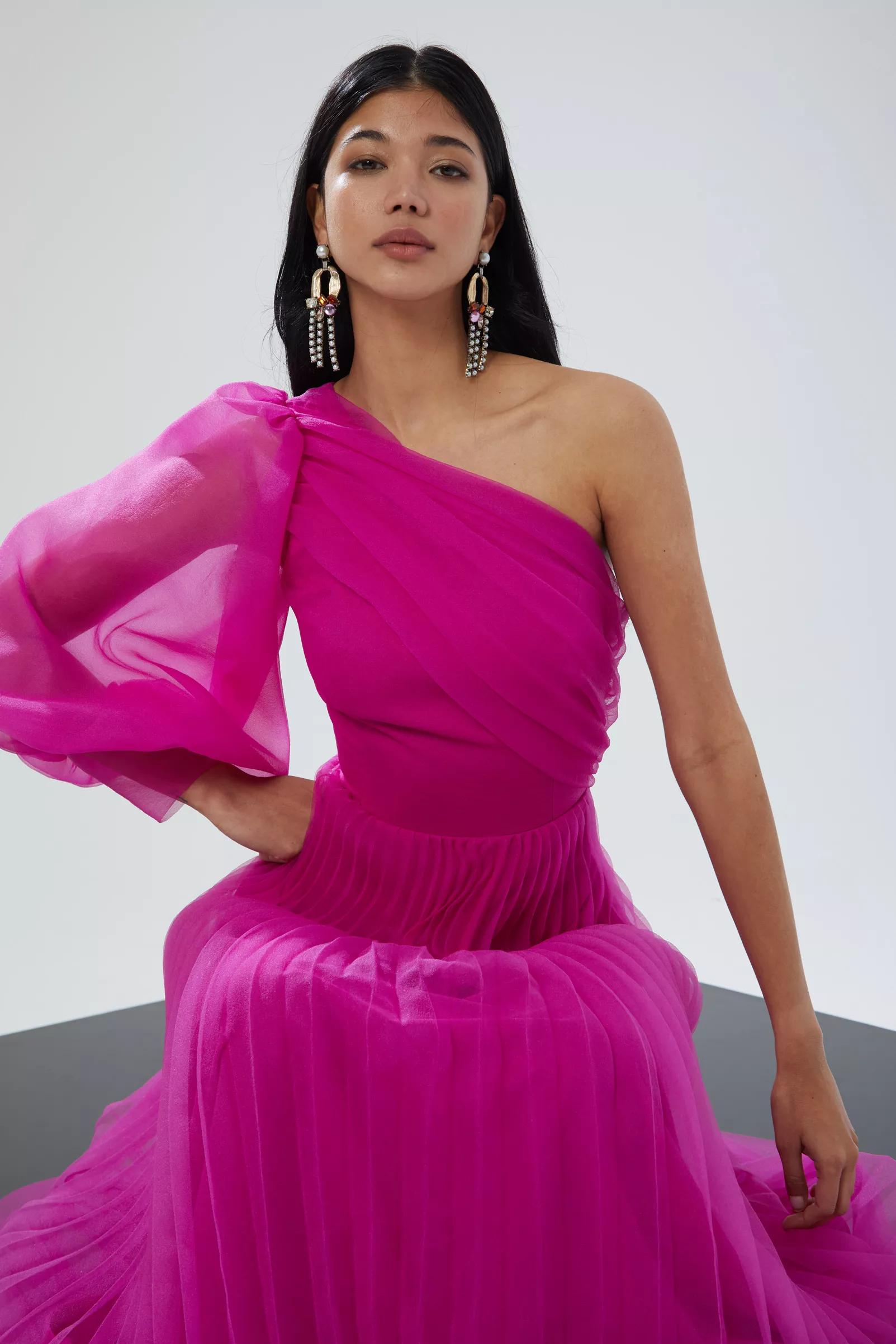 Fuchsia tulle one arm long dress