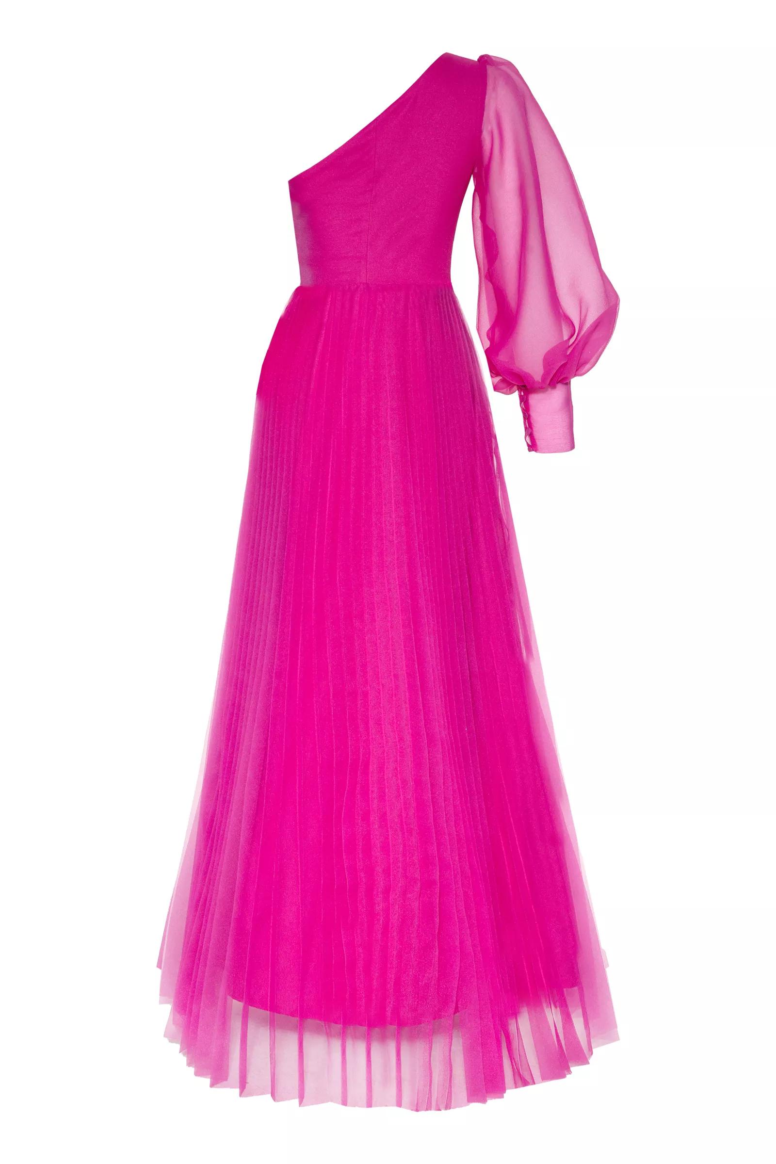 Fuchsia tulle one arm long dress