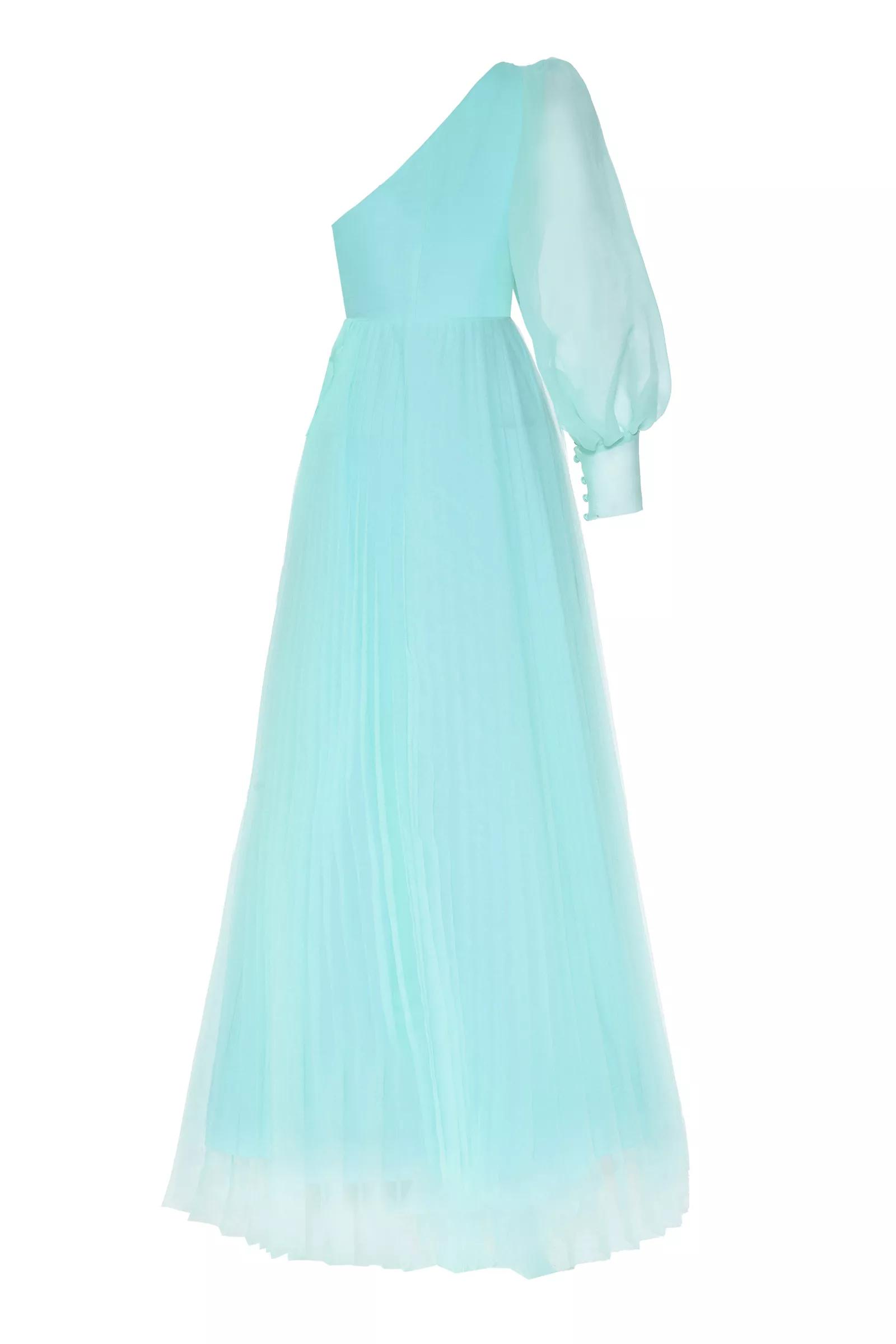 Water Green Tulle One Arm Uzun Dress