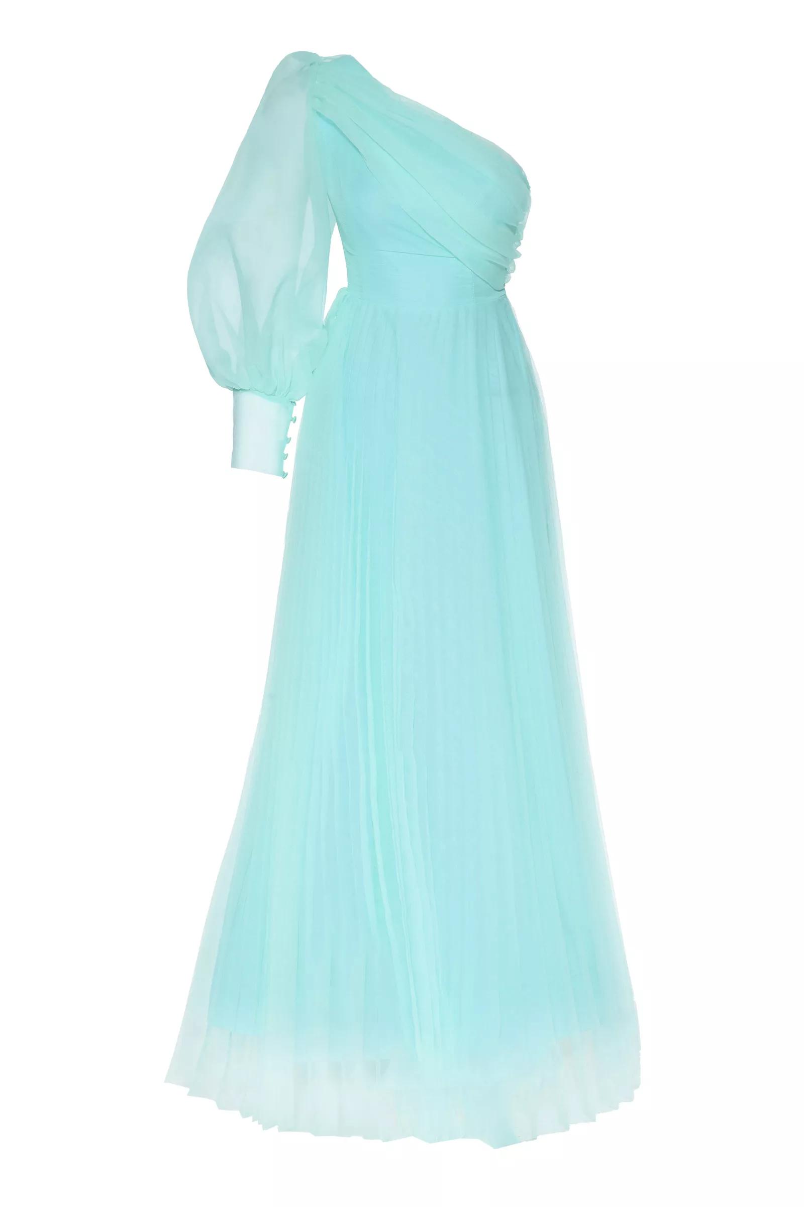 Water Green Tulle One Arm Uzun Dress